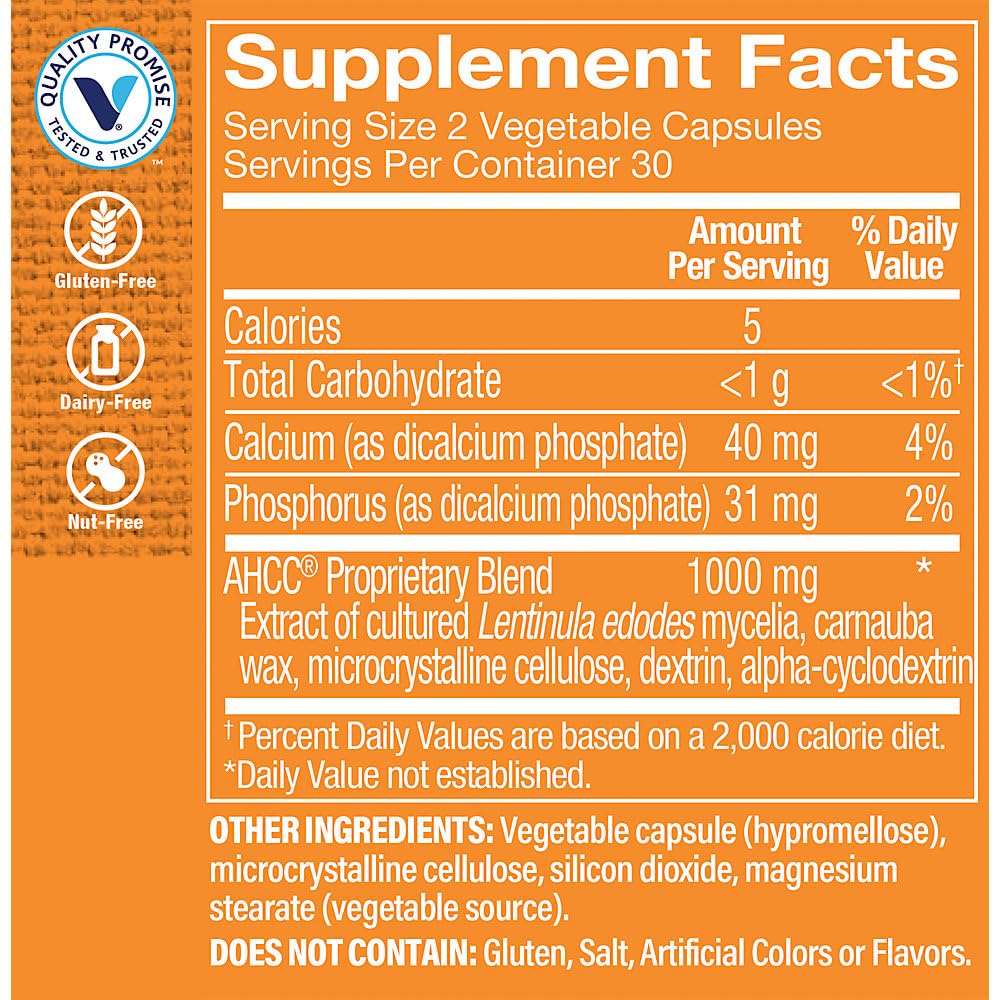 The Vitamin Shoppe AHCC 500mg - Immune System Booster & Cell Defense | Active Hexose Correlated Compound | Mushroom Extract, 60 Vegetarian Capsules