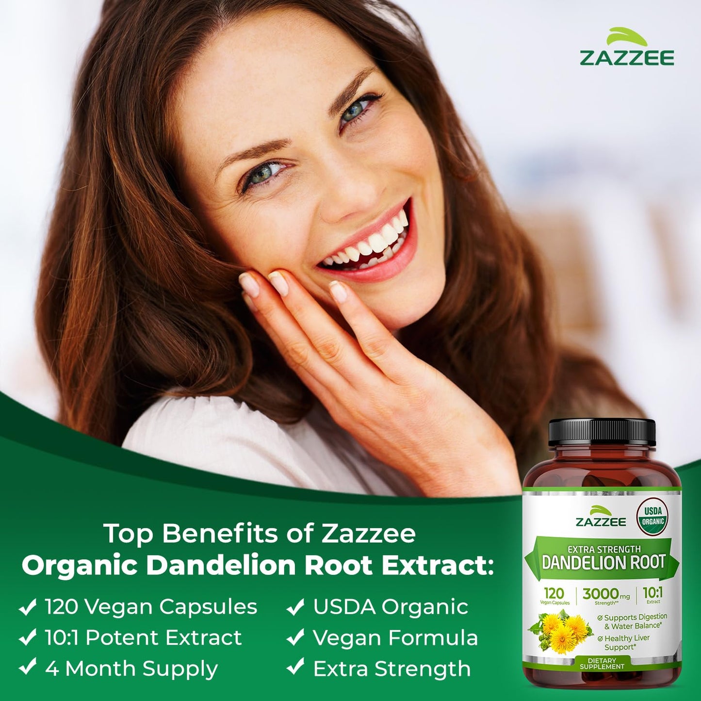Zazzee USDA Organic Dandelion Root 10:1 Extract Capsules, 120 Count