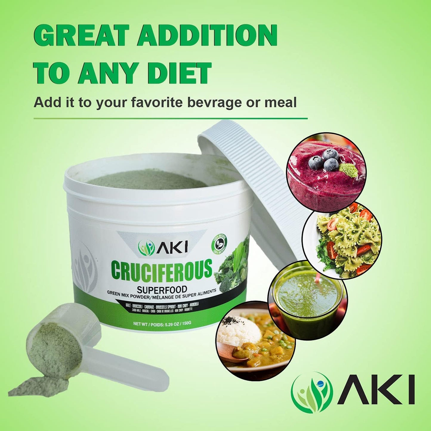 AKI ORGANIC Cruciferous Superfood Green Mix Powder, 5.3 oz