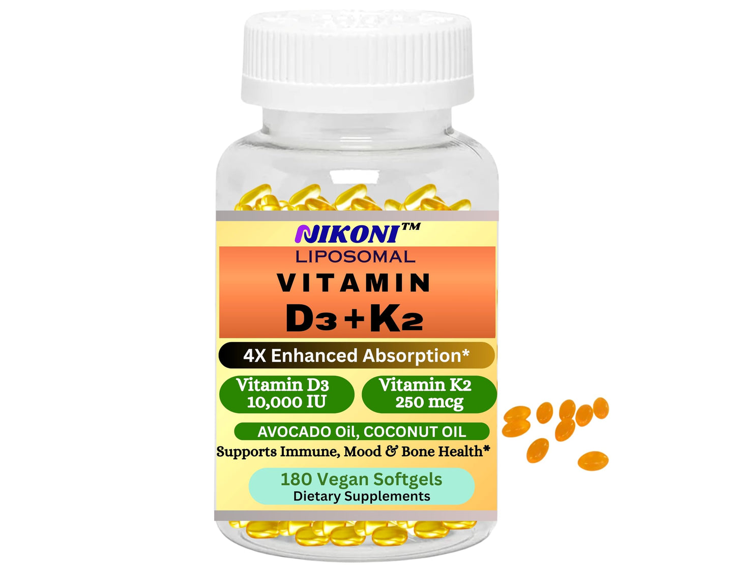 Nikoni Liposomal Vitamin D3 10000 IU & Vitamin K2 (MK-7) 250 mcg Softgels, 180 Count