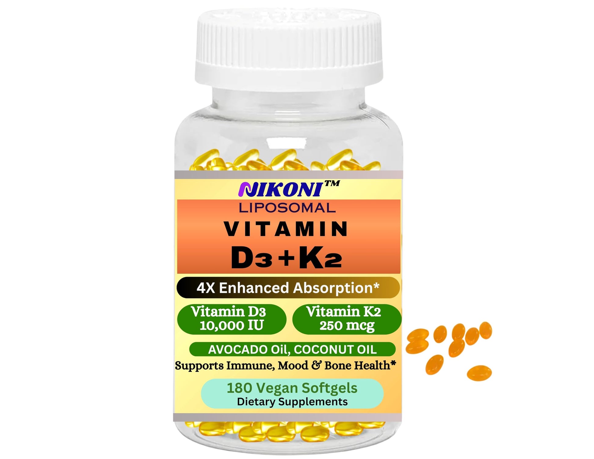 Nikoni Liposomal Vitamin D3 10000 IU & Vitamin K2 (MK-7) 250 mcg Softgels, 180 Count