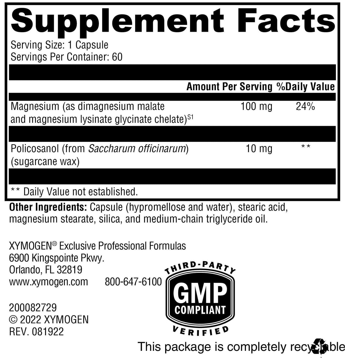 XYMOGEN CholeRex Policosanol with Magnesium Chelates 60 Capsules
