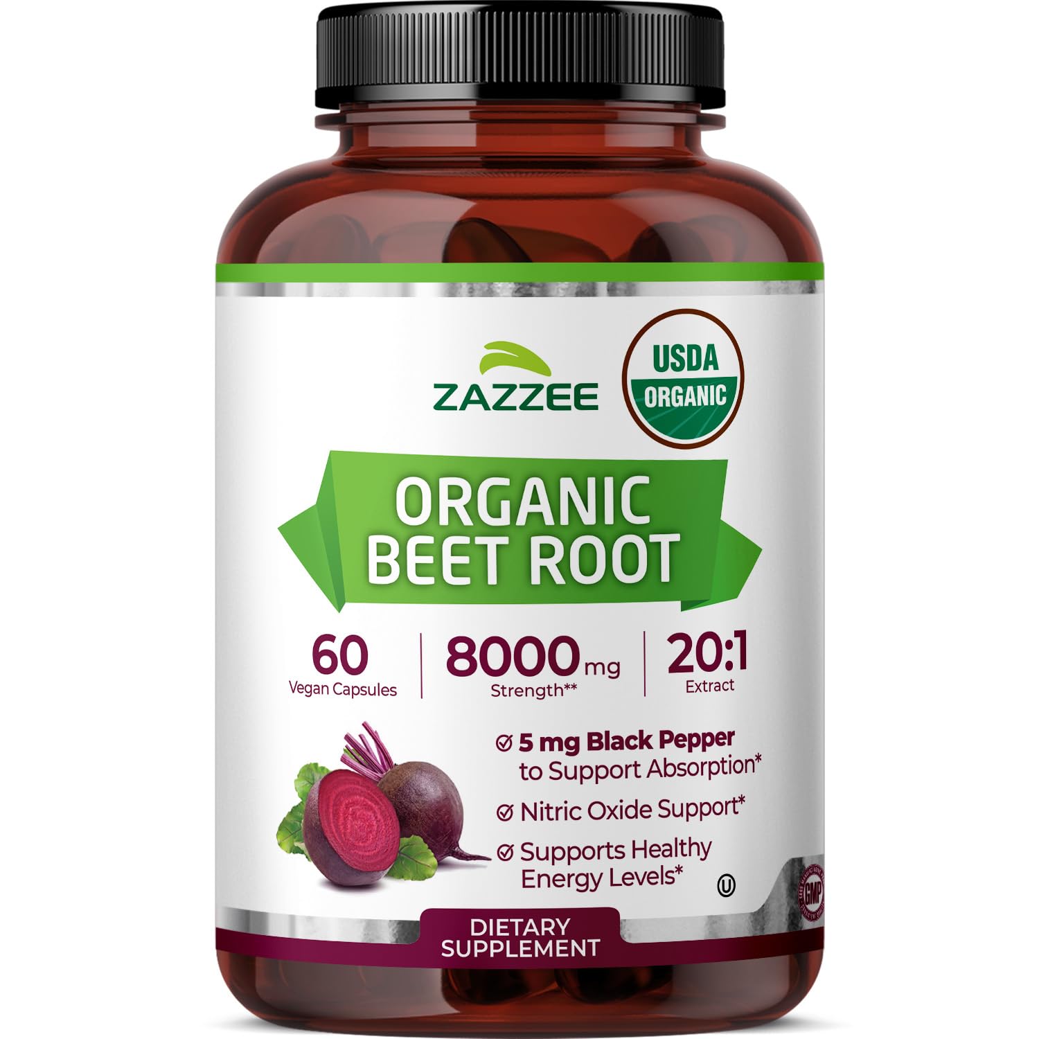 Zazzee USDA Organic Beet Root 20:1 Extract Capsules, 60 Count