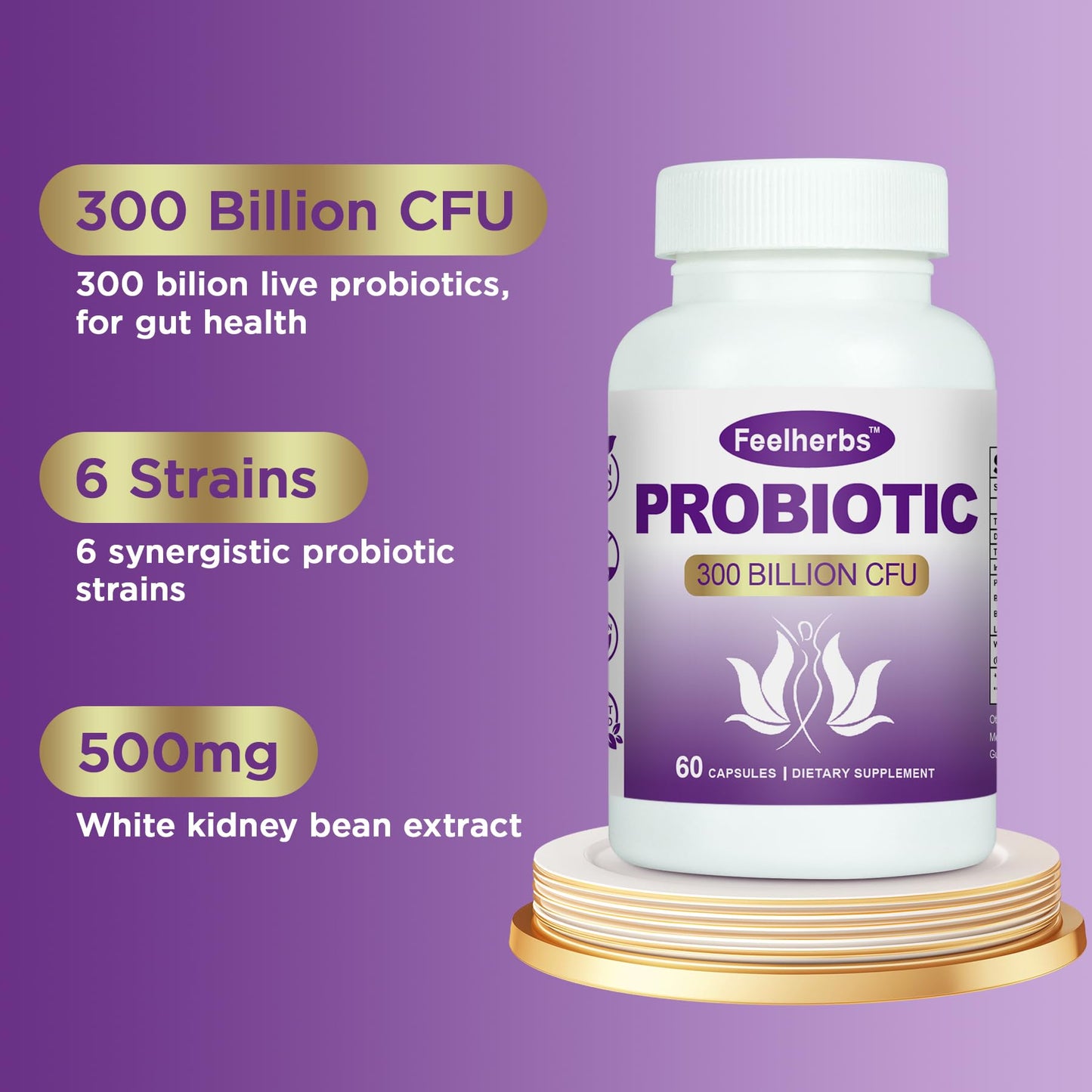 Feelherbs Probiotics Capsules for Women pH Balance & Gut, 300 Billion CFU, 60 Veggie Capsules