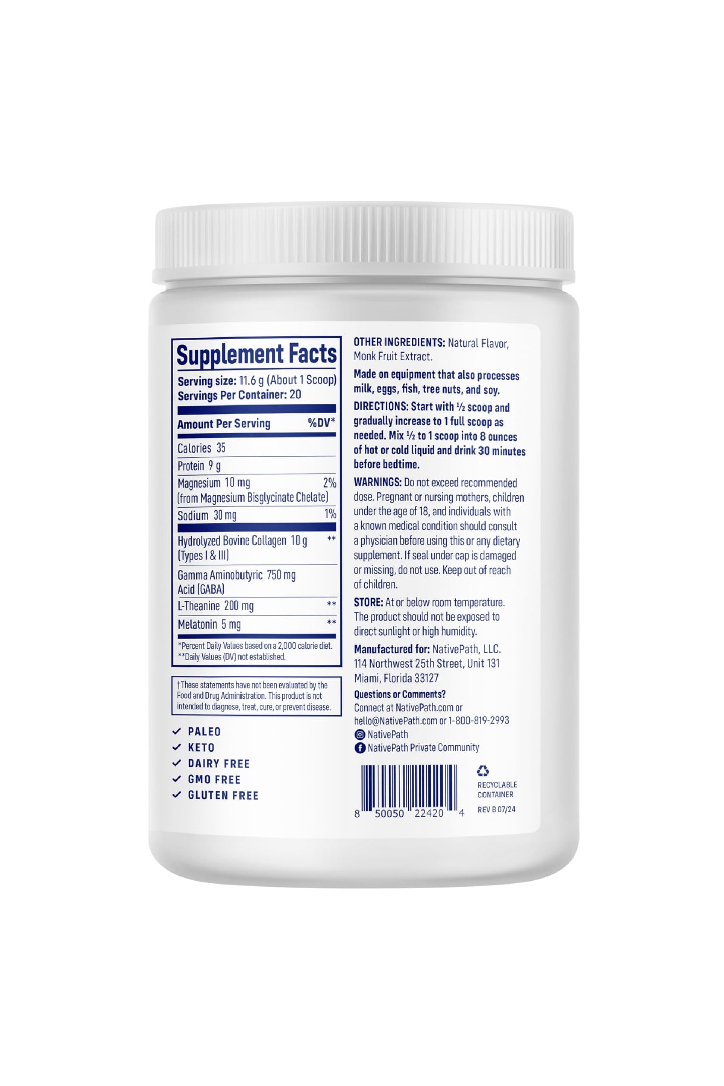 NativePath Collagen PM Sleep Powder Lemon - Melatonin, Magnesium, GABA & L-Theanine with 10g Grass-Fed Collagen - 20 Servings, Nighttime Recovery Drink, 8.2 Ounce