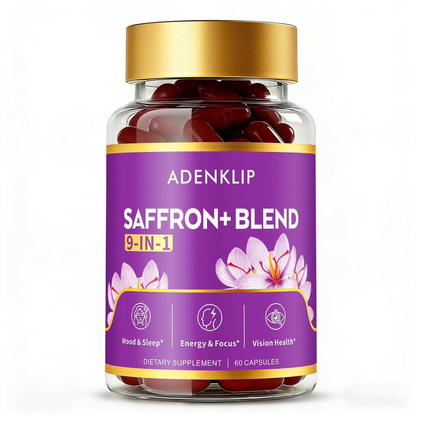 ADENKLIP Saffron Supplements 9-in-1 Blend with Organic Saffron Extract, Ashwagandha, L-Theanine, Turmeric & Passionflower Capsules, 60 Count