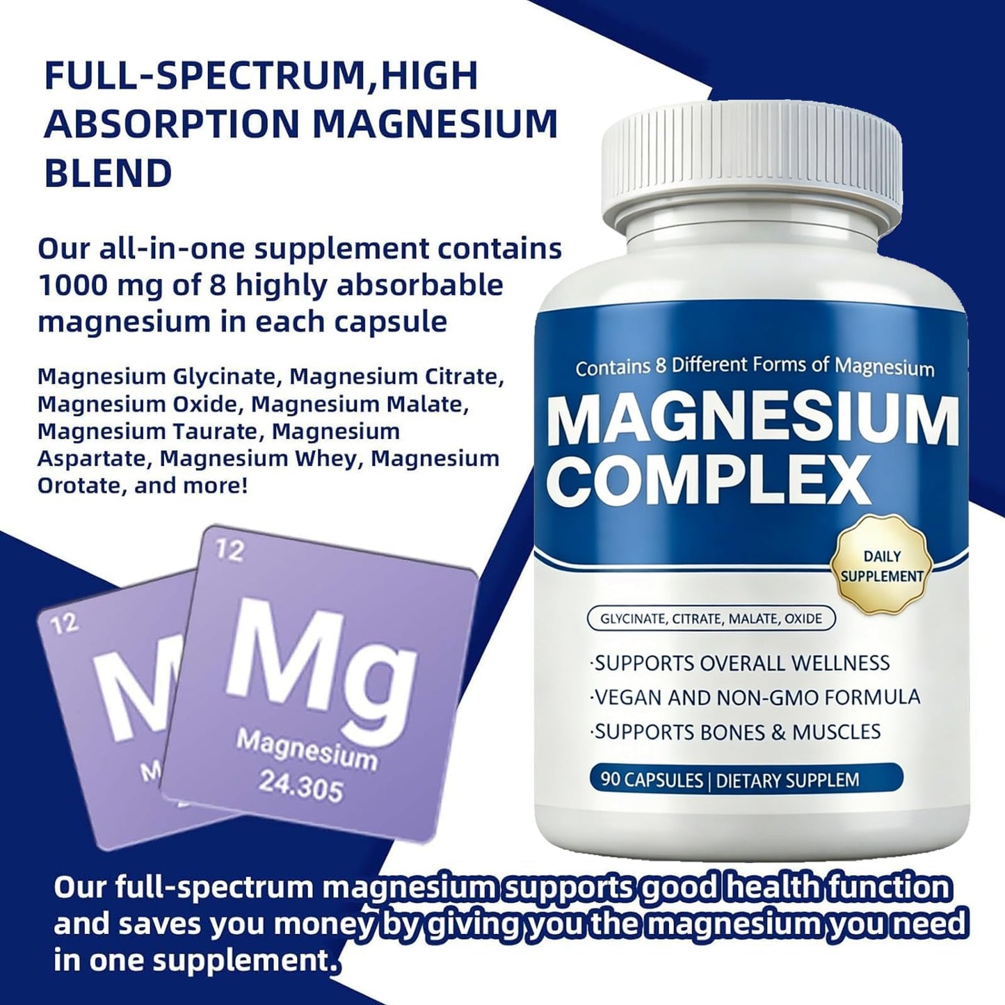 OFHOFH Magnesium Complex Supplement 8 Elemental Magnesium Glycinate, Citrate, Malate, Oxide Capsule 90 Count