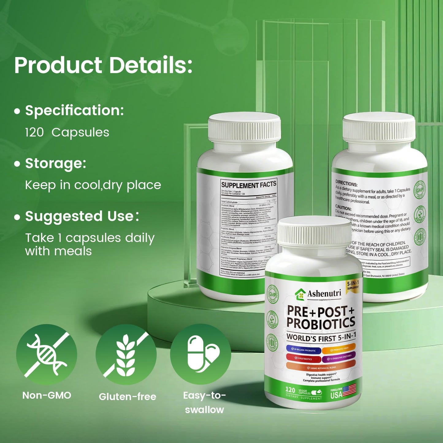 Ashenutri Probiotic Prebiotic Postbiotic for Women & Men, 30 Billion CFU, 24 Strains with Digestive Enzymes, Prebiotic Fiber & Slippery Elm – Complete Daily Immune & Gut Support, Capsule, 120 Count