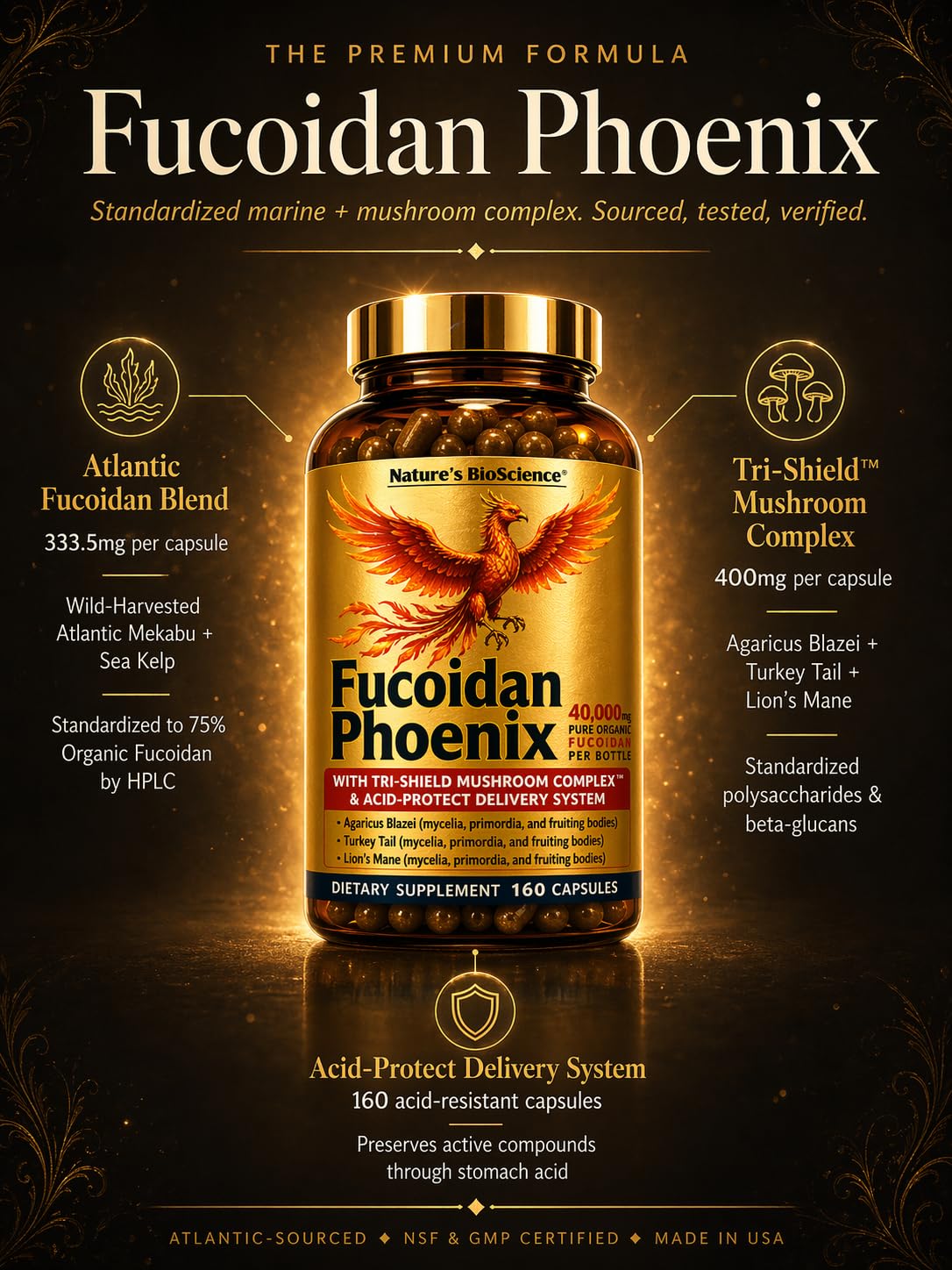 Nature's Bioscience FUCOIDAN Phoenix Advanced Pure Organic Fucoidan + Pure Mushroom Capsule, 160 Count