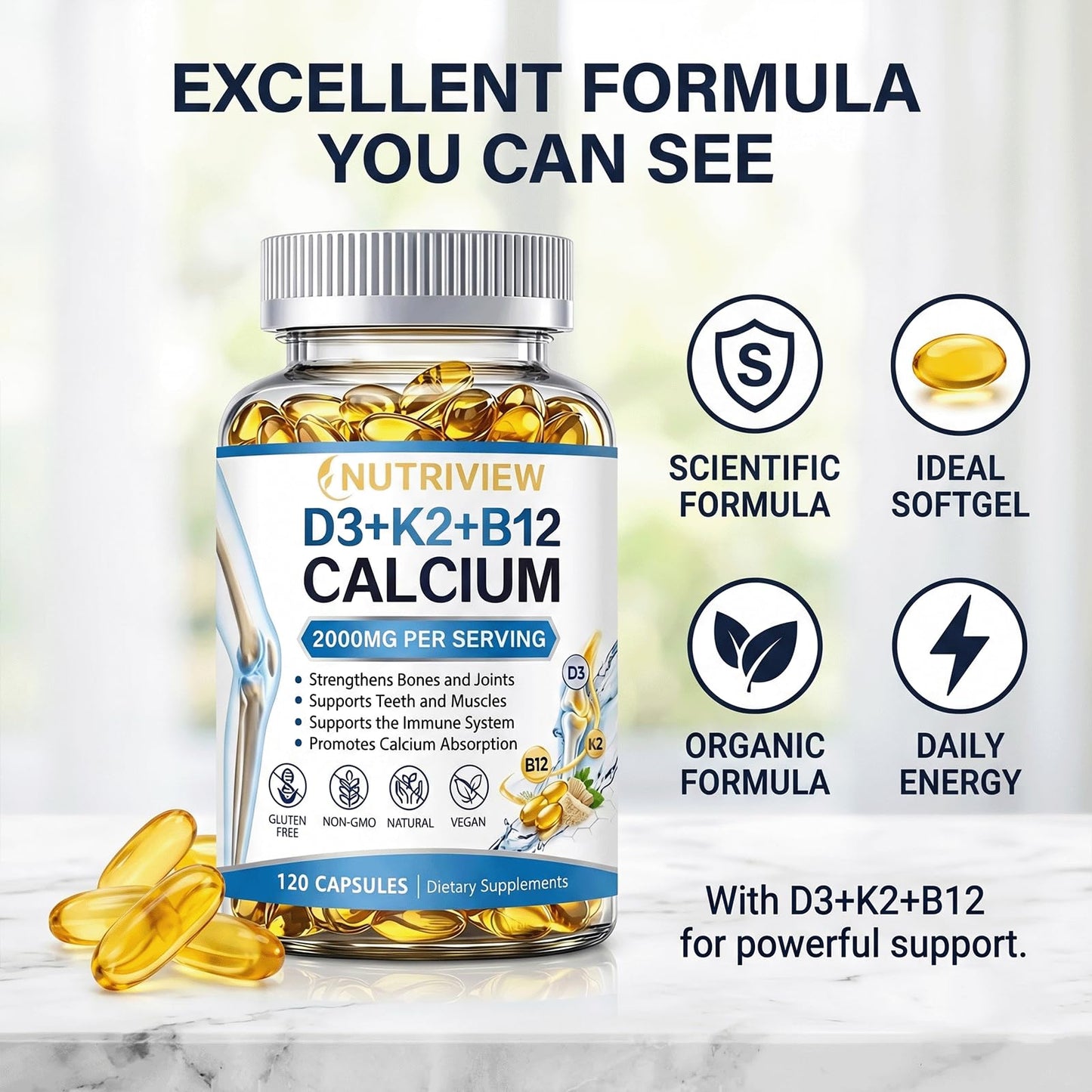 Nutriview Calcio D3 K2 B12 Softgels, 120 Softgels