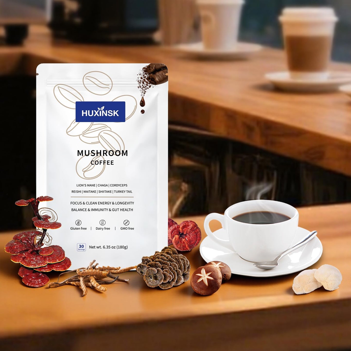 HUXINSK Organic Mushroom Coffee Instant Coffee with Lion’s Mane, Reishi, Cordyceps, Collagen, β-Glucan (Prebiotic) Powder 6.35 oz