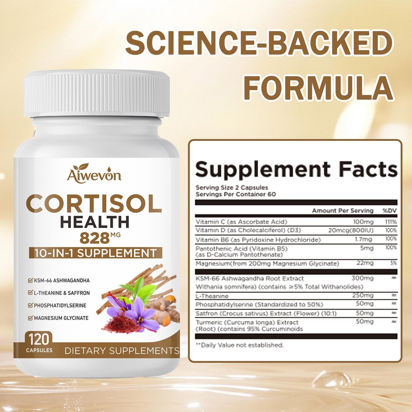 Aiwevon Cortisol Support Supplement for Women & Men, 10-in-1 Ashwagandha KSM-66, L-Theanine, Magnesium Glycinate Complex, Adrenal Support, Stress Relief, Calm Mood Balance, Daily Wellness Gummies, 60 Count
