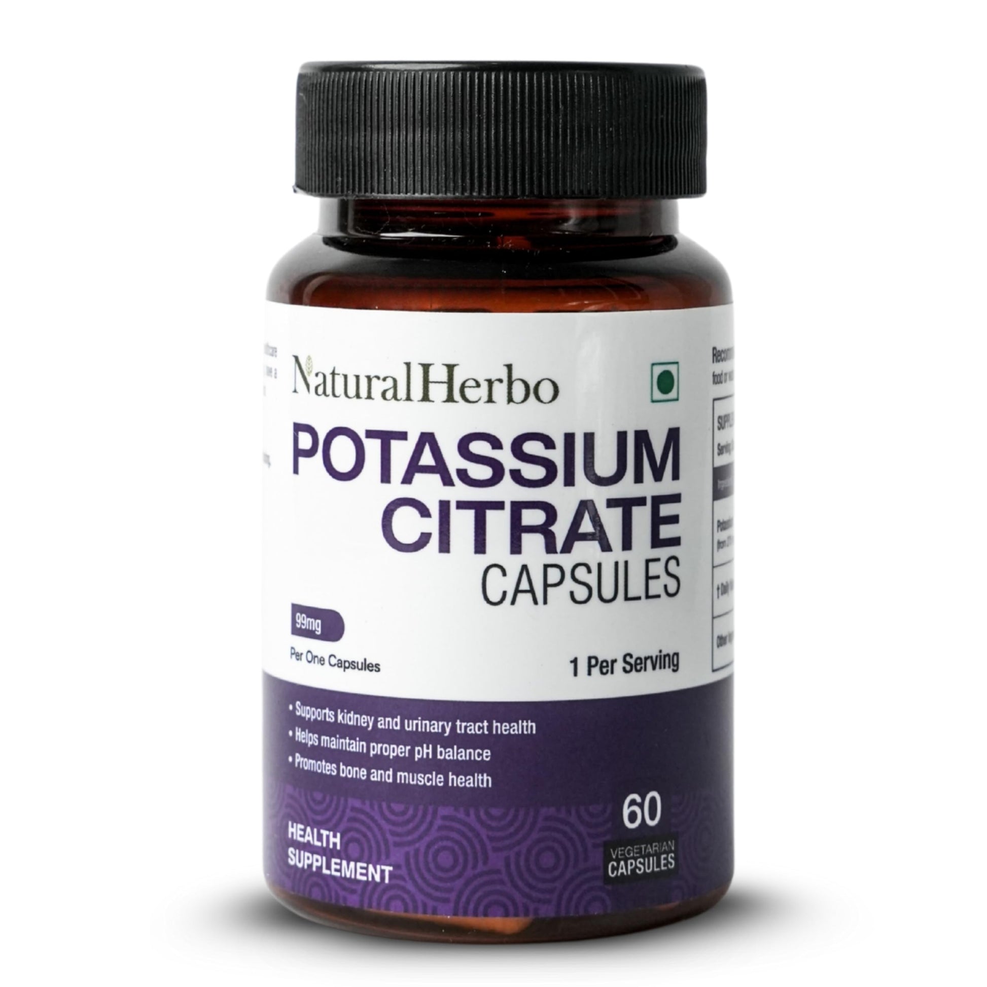 NaturalHerbo Potassium Citrate Supplement 99mg Capsules, 60 Count
