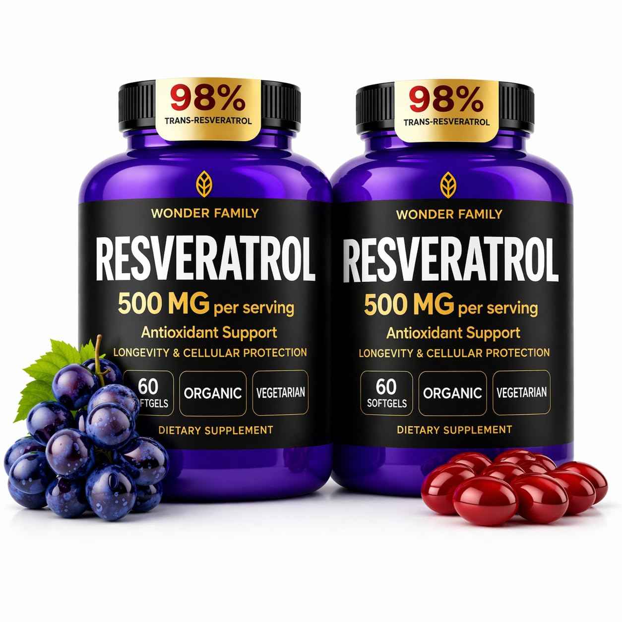 Wonder Family Resveratrol Supplement 500mg – 98% Trans Resveratrol Organic Complex Softgels, 120 Count