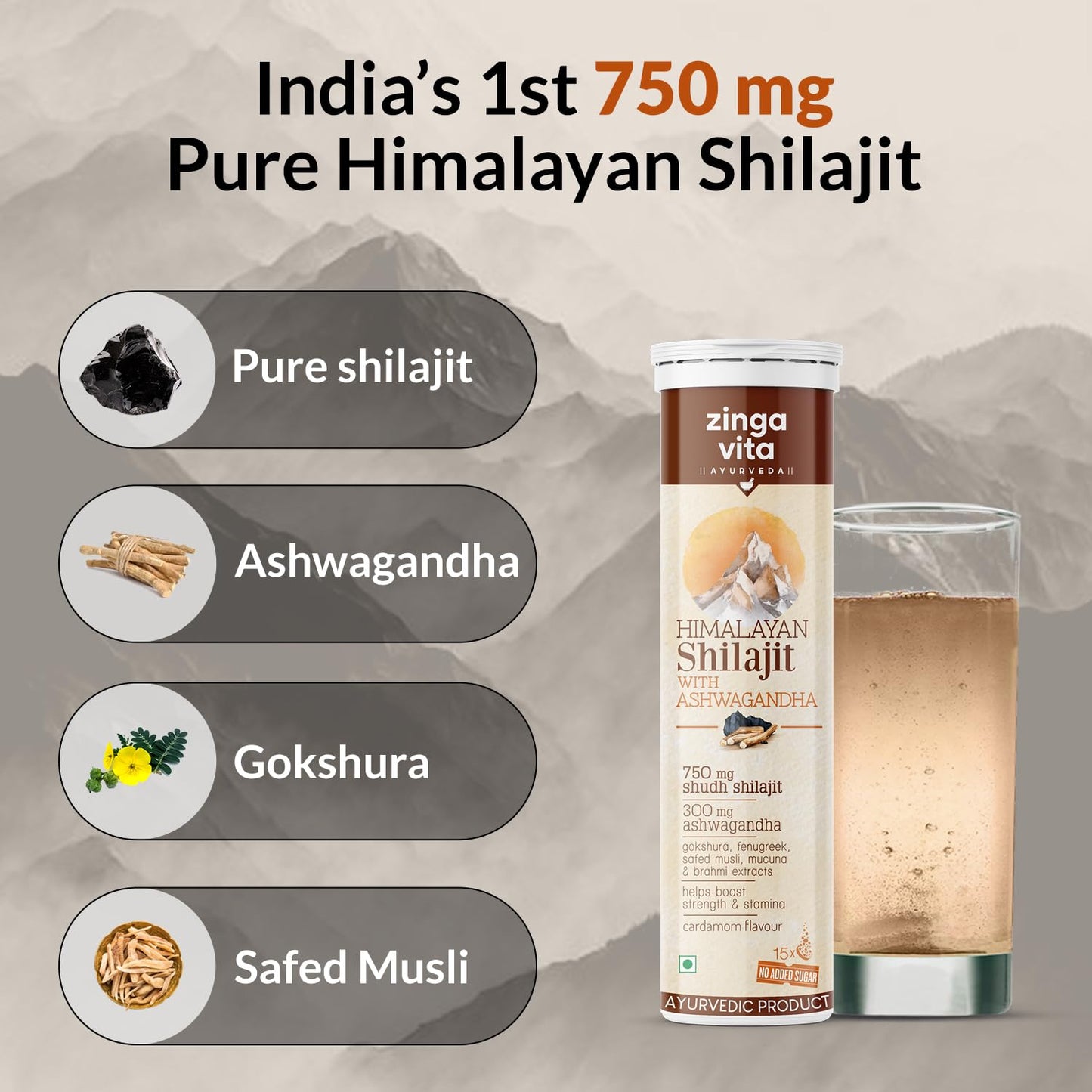 Zingavita Ayurveda Himalayan Shilajit Effervescent Tablets - 30 Count