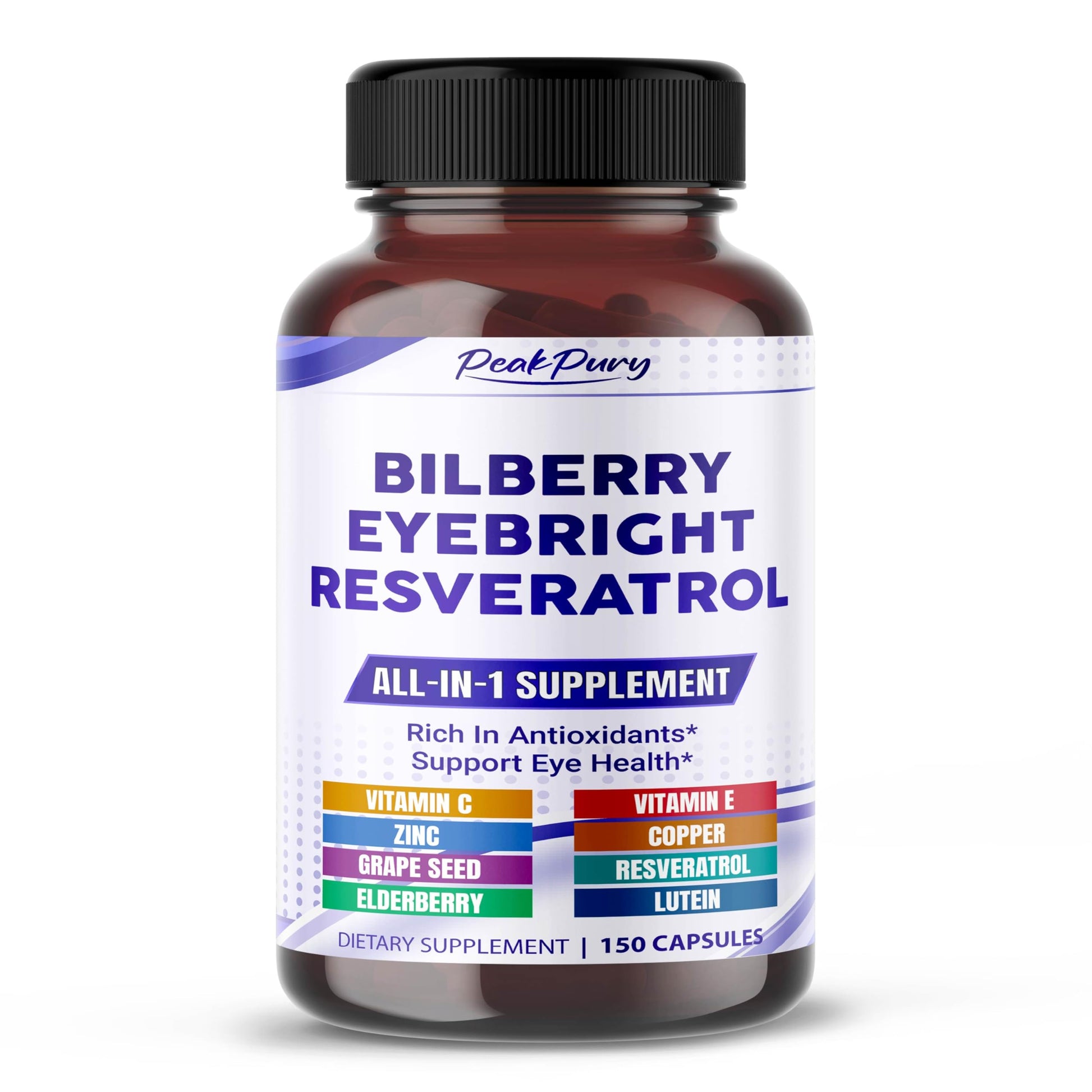 PEAKPURY All-in-1 Bilberry Eyebright Astaxanthin Elderberry Resveratrol Supplement Capsules 150