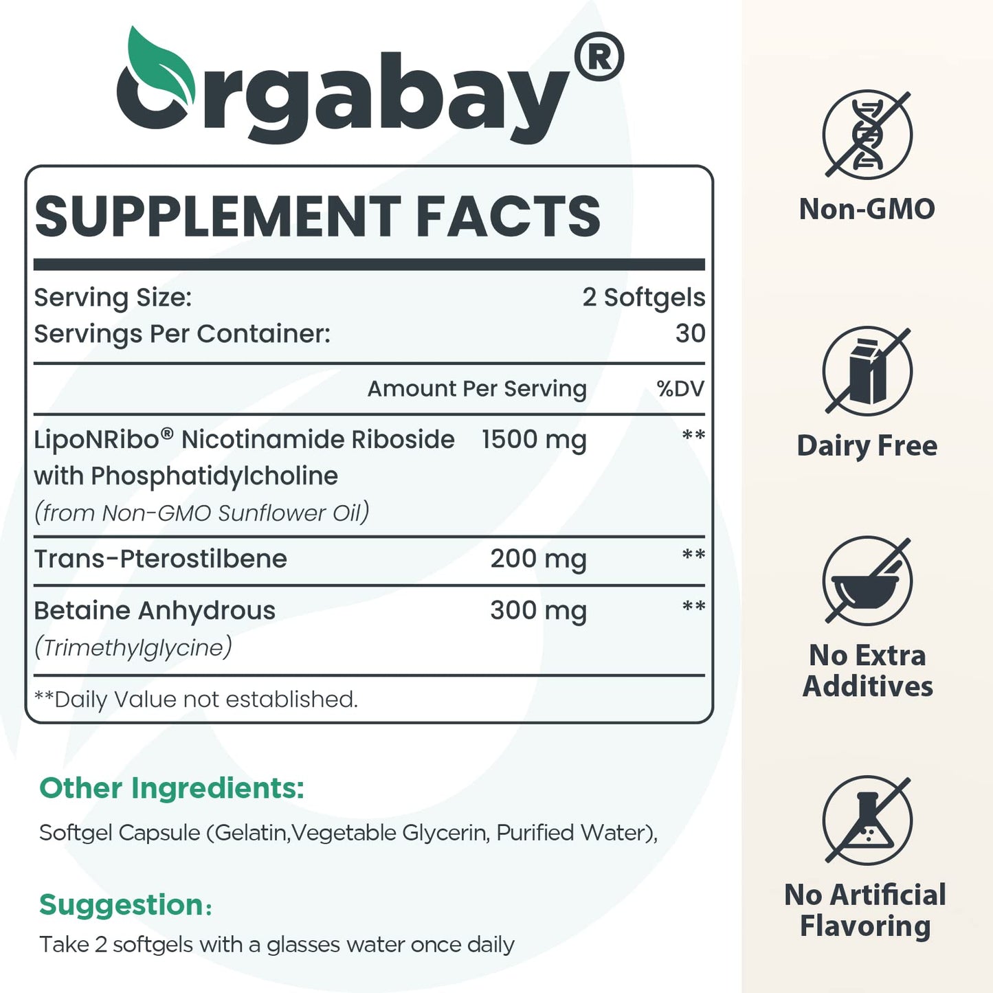 Orgabay Liposomal Nicotinamide Riboside 2000 MG with TMG and Pterostilbene Softgels, 120 Count
