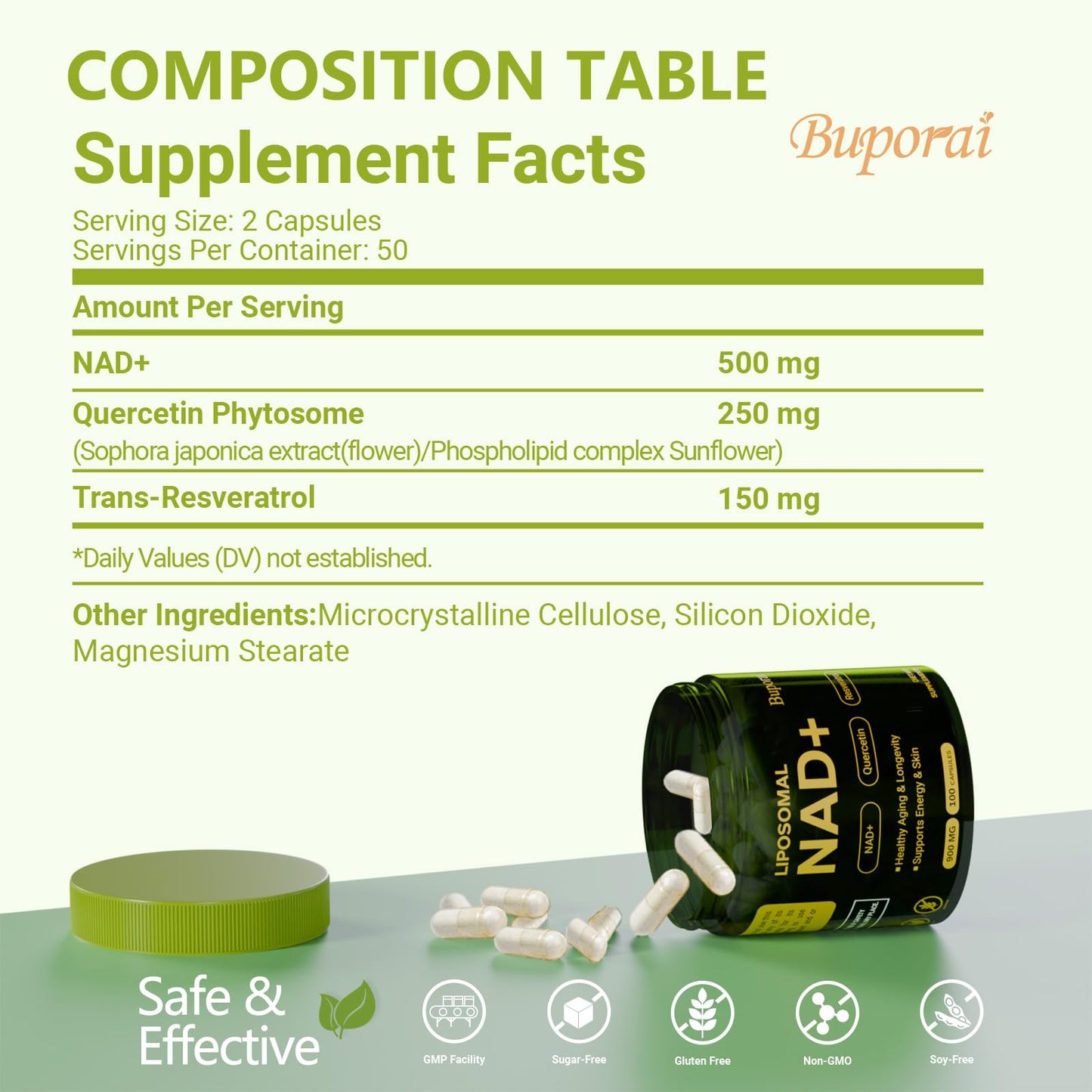 Buporai NAD Supplement 900mg with Resveratrol & Quercetin Capsule, 100 Count