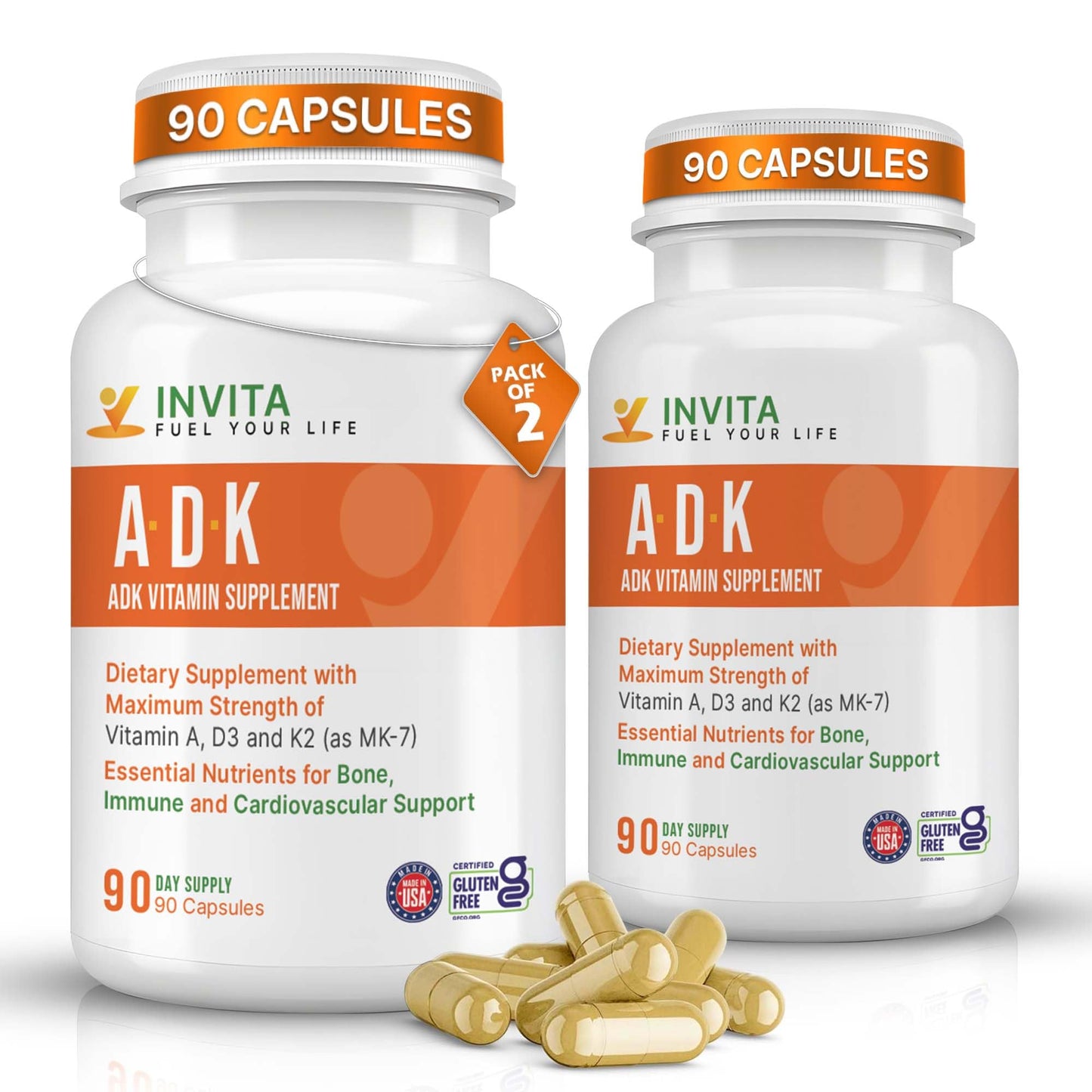INVITA ADK Vitamin A1, D3 5000 IU & K2 MK7 Vegetarian Capsules, 180 Capsules