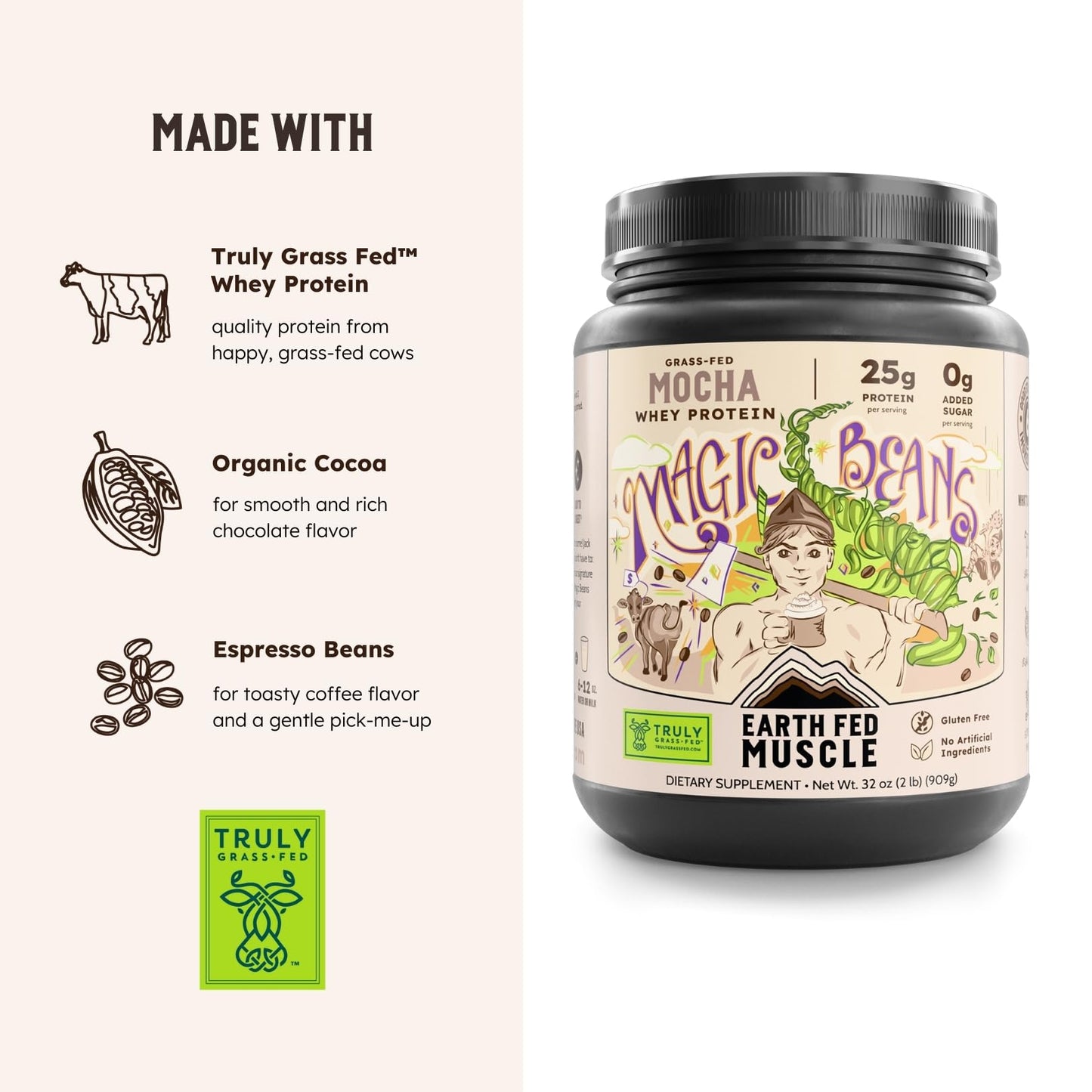 Earth Fed Muscle Magic Beans Mocha Irish Grass Fed Whey Protein Isolate Powder 32 Servings