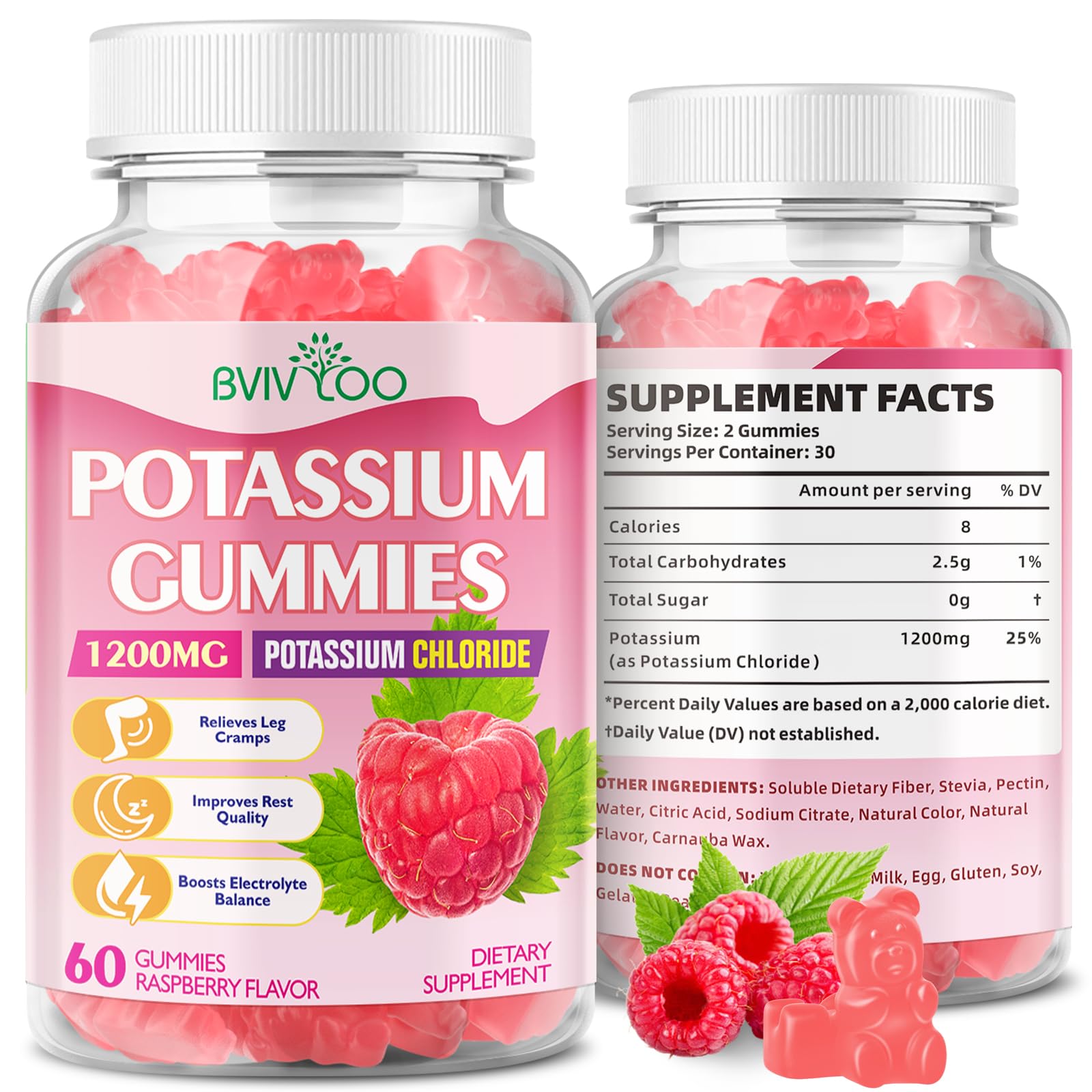 BVIVLOO Potassium Gummies for Adults with 1200mg Potassium Chloride - Supports Muscle Health & Leg Cramps, Raspberry Flavor, 60 Gummies