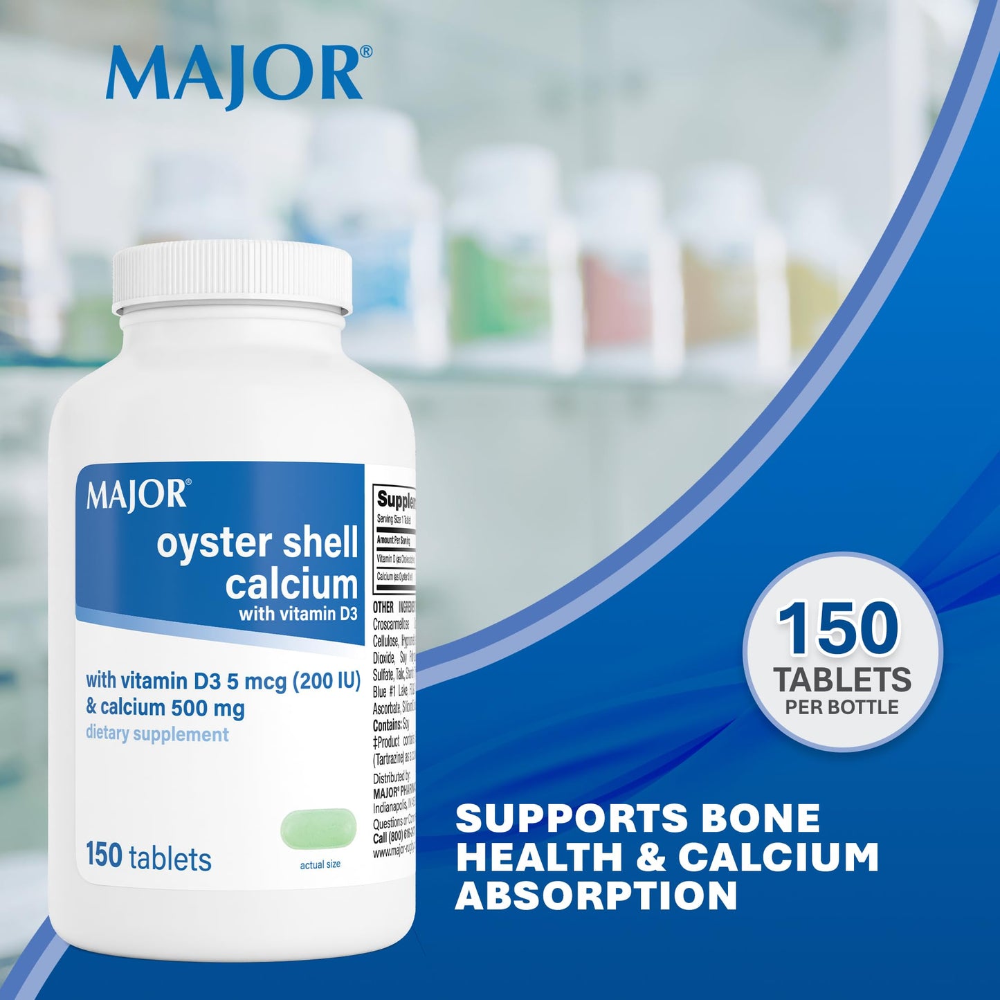 MAJOR Oyster Shell Calcium 500mg with Vitamin D3 200IU (5 mcg) Gluten-Free Daily Vitamin D Dietary Supplement for Bone Health and Calcium Absorption, 150 Tablets
