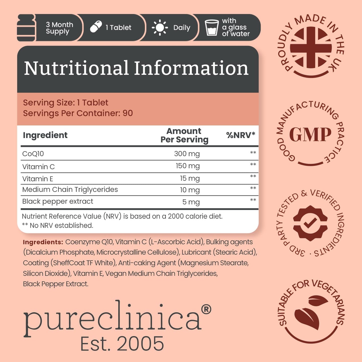 pureclinica Fermented CoQ10 300mg Tablets, 90 Count, with Added Vitamin C and Black Pepper Extract for Absorption