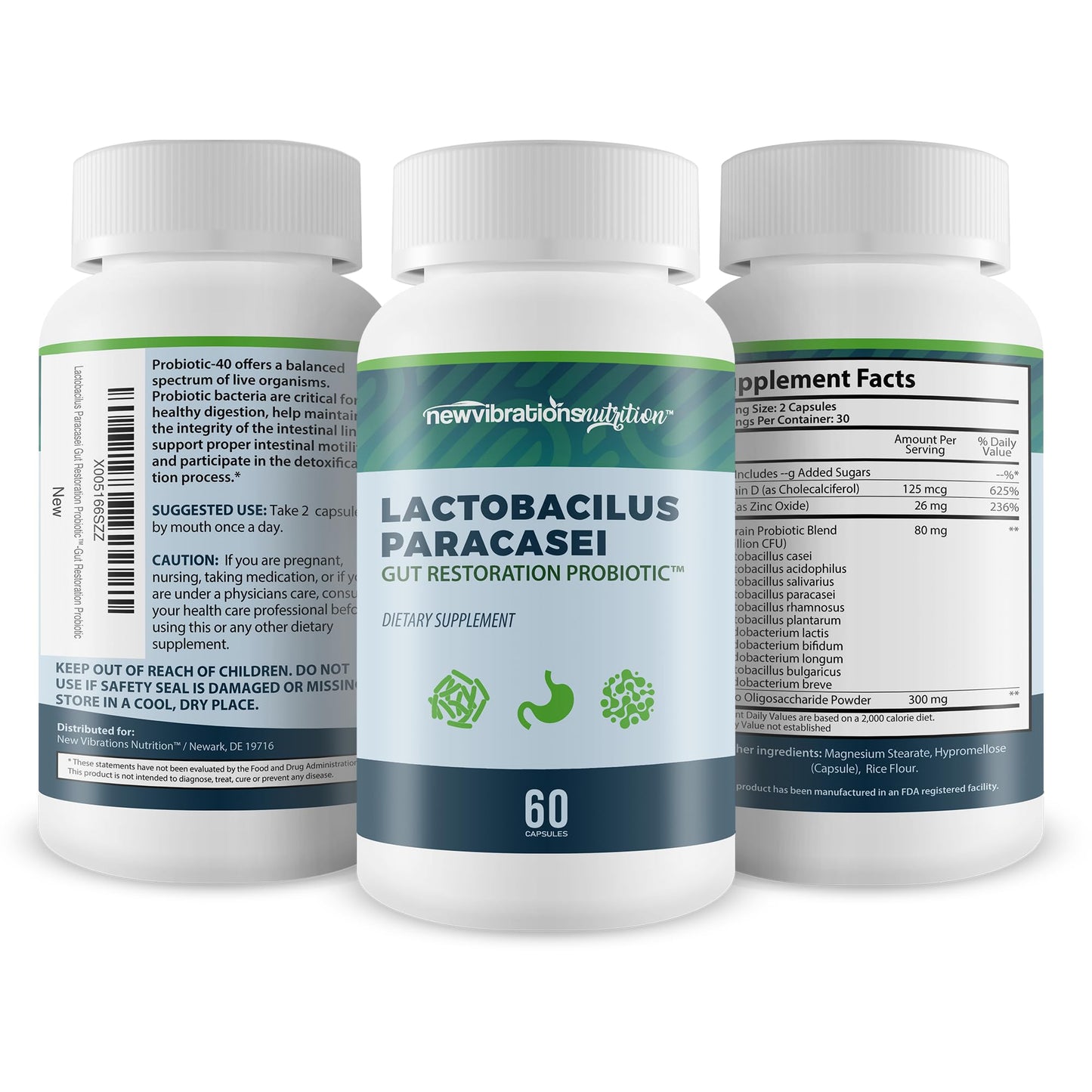 New Vibrations Nutrition Lactobacillus Paracasei Gut Restoration Probiotic Capsules, 60 Count