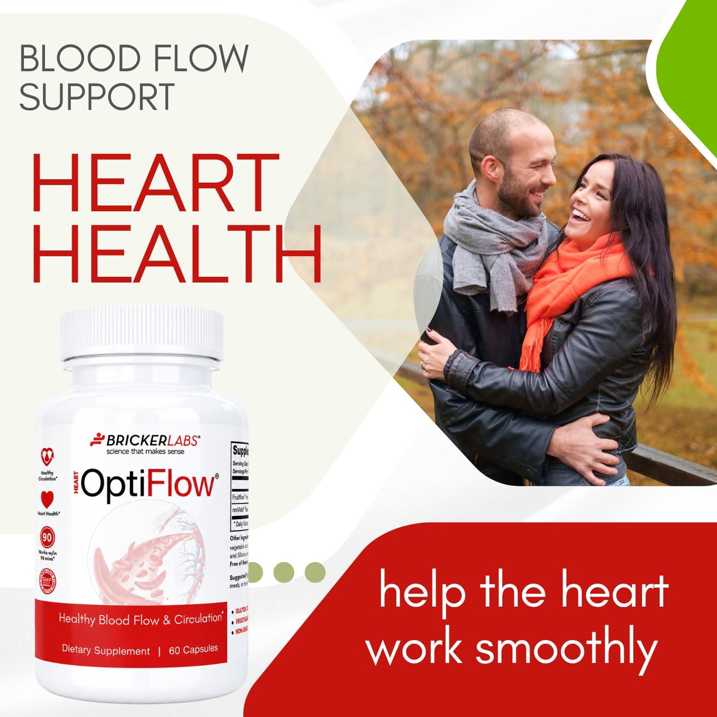 Bricker Labs OptiFlow Circulation Supplement – Supports Healthy Blood Flow & Cardiovascular Function, Vascular Health with FruitFlow & resVida Resveratrol, Gut-Friendly Formula, 60 Capsules