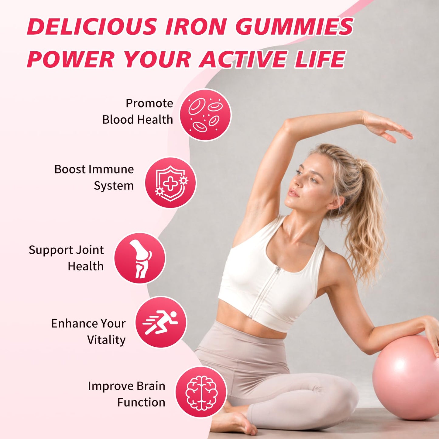 YOMLDA Iron Gummies for Women, Men & Kids - Vegan Sugar-Free with Vitamin C, A, B-Complex & Folate for Energy, Blood & Immune Support, 60 Gummies