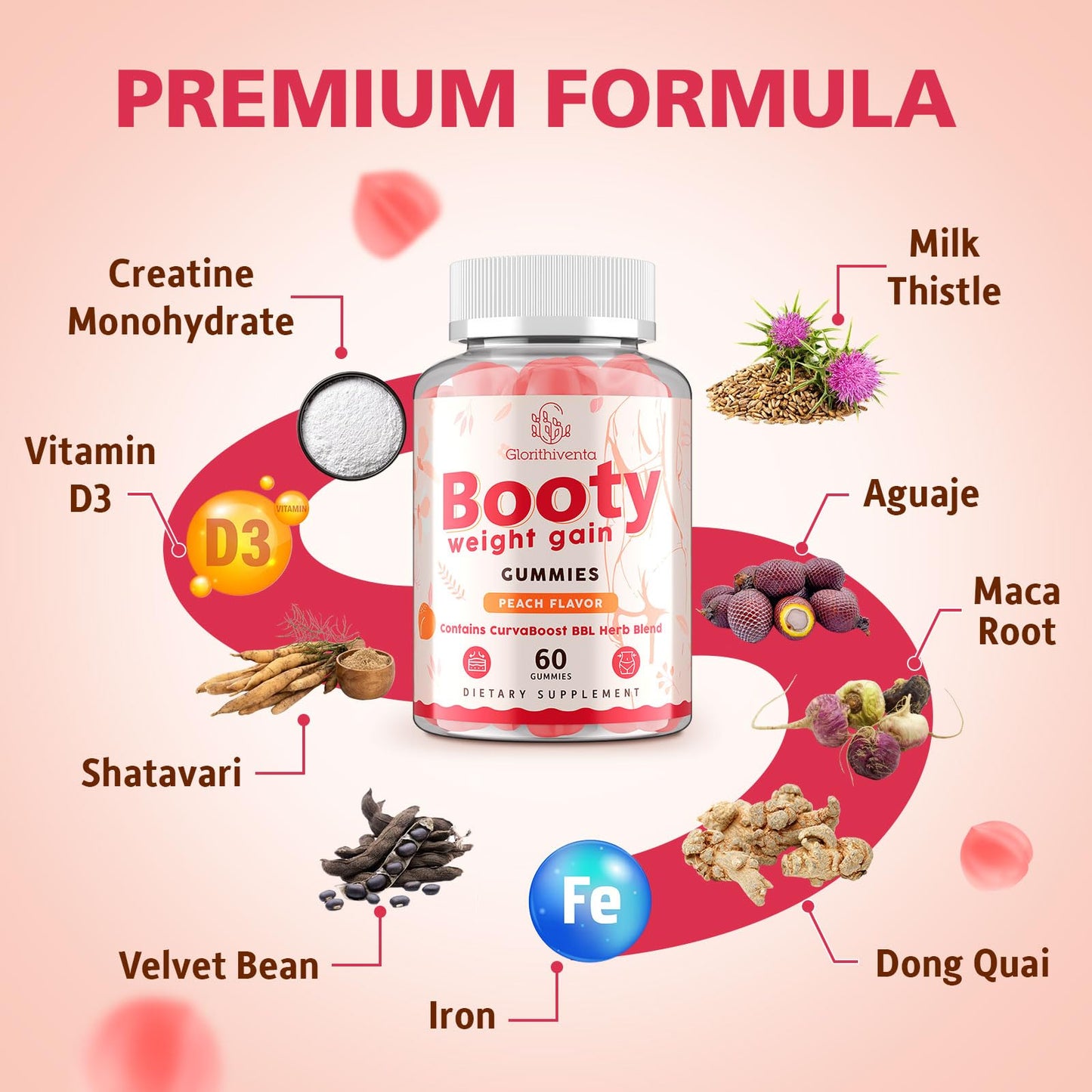 Glorithiventa Booty Gummies for Women with CurvaBoost BBL Herb Blend & Creatine Monohydrate, Peach Flavor, 120 Counts