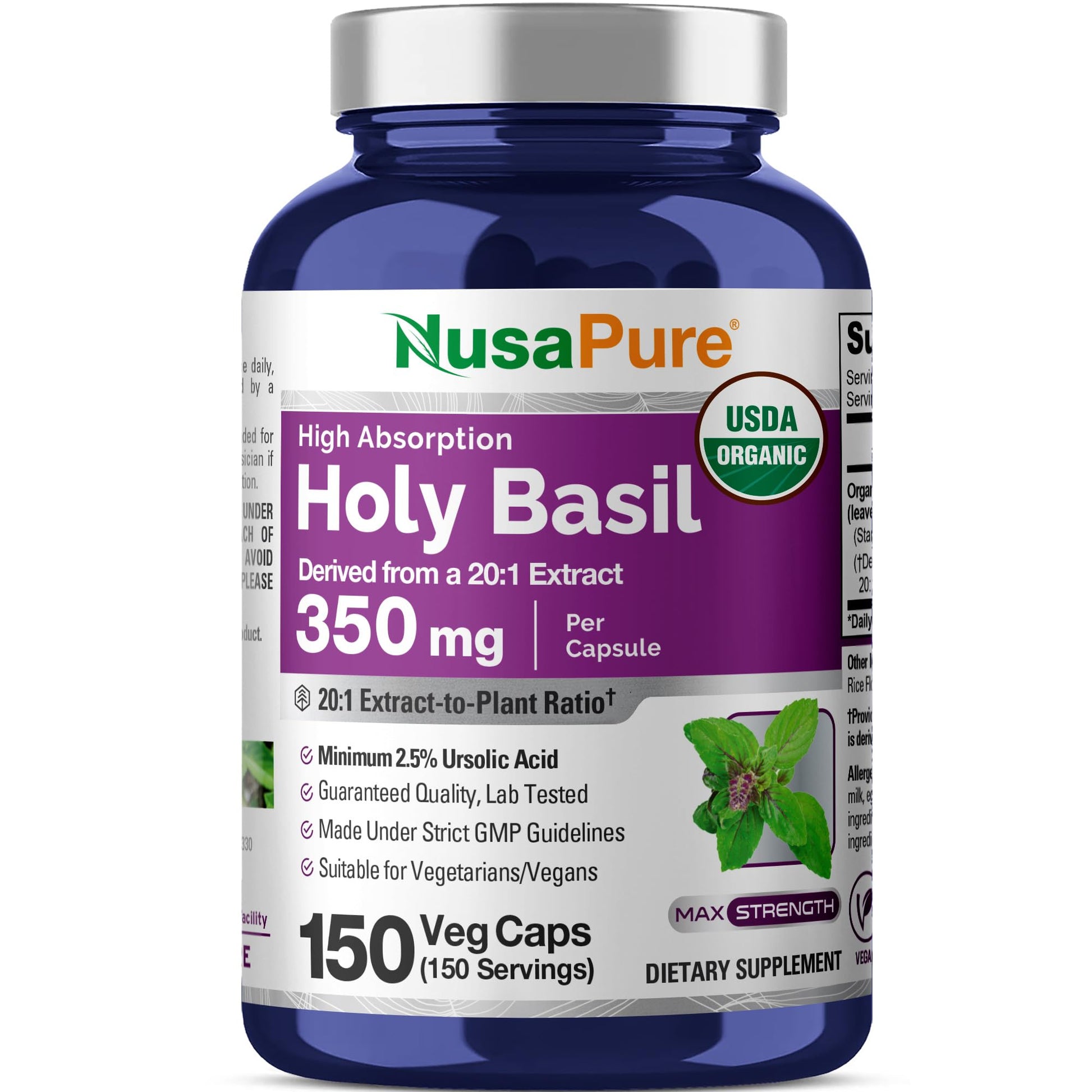 NusaPure Organic Holy Basil Capsules, 350 mg, 150 Count