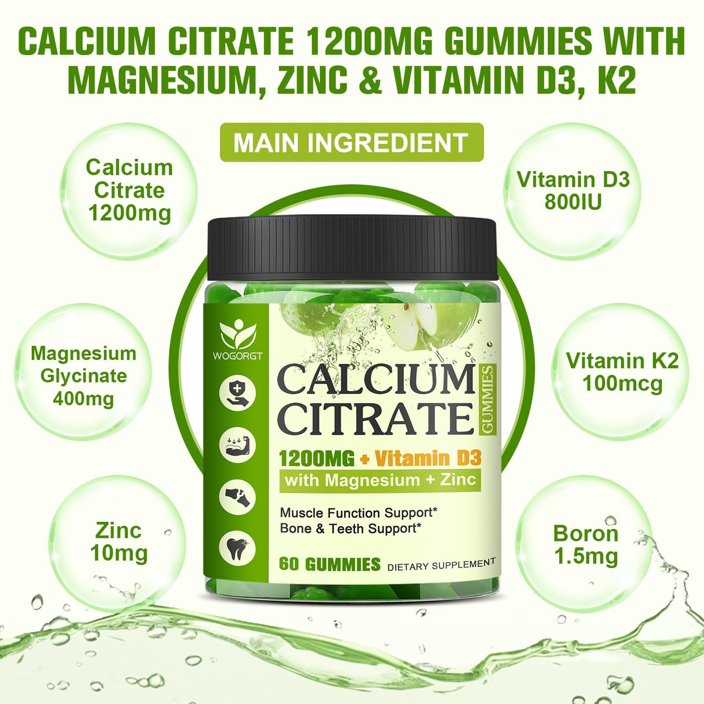 WOGORGT Calcium Citrate 1200mg with Vitamin D3 for Women, Bone, Teeth Support Gummy, 60 Count