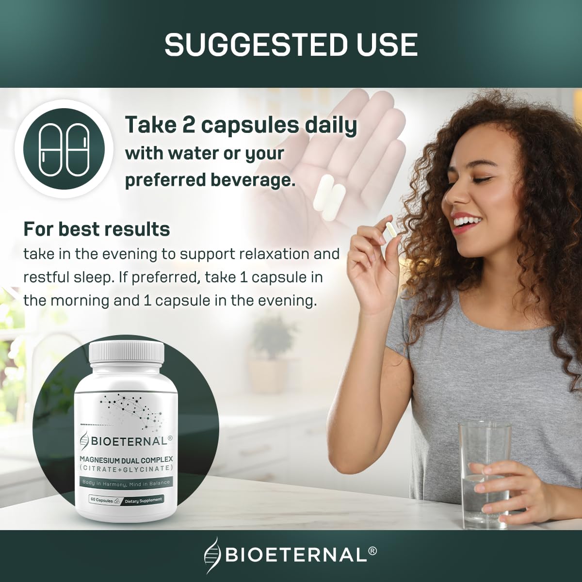 BIOETERNAL Magnesium Dual Complex Citrate + Glycinate Formula, 60 Capsules
