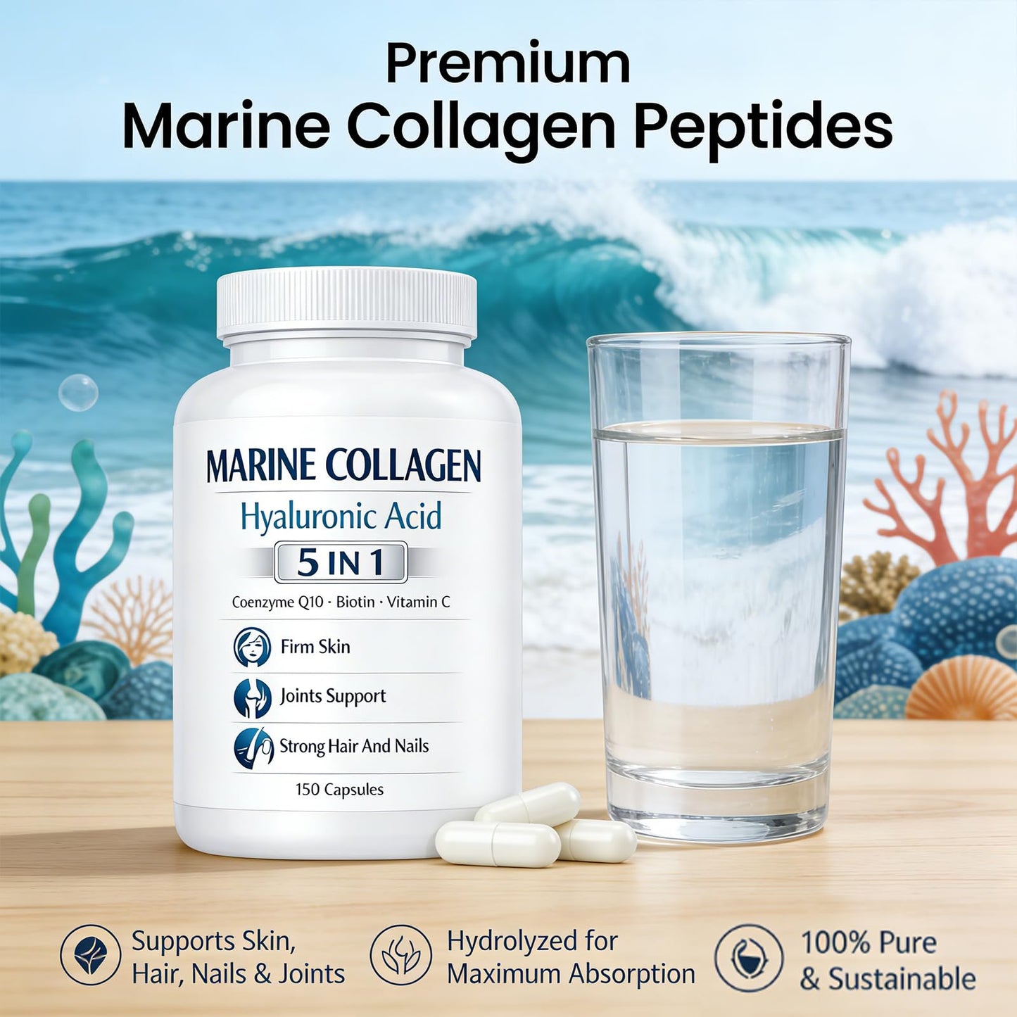 Roreiye Marine Collagen + Hyaluronic Acid 5 in 1 Premium Formula Capsules, 150 Count