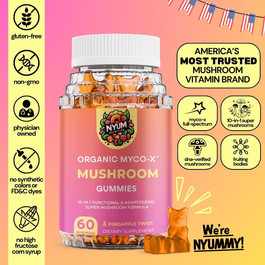 FUCOIDAN FORCE MYCO-X Mushroom Gummies, Organic, 10-in-1 Formula, Pineapple Twist, 60 Count
