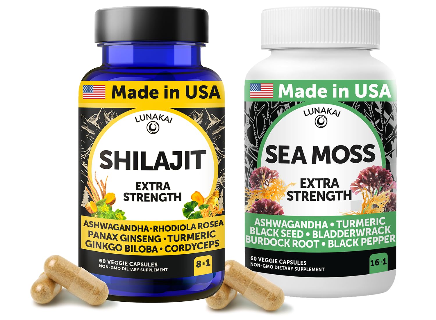 Lunakai Shilajit & Sea Moss Capsules Bundle with Ashwagandha, Black Seed Oil & Rhodiola for Strength & Immune Support, 120 Capsules
