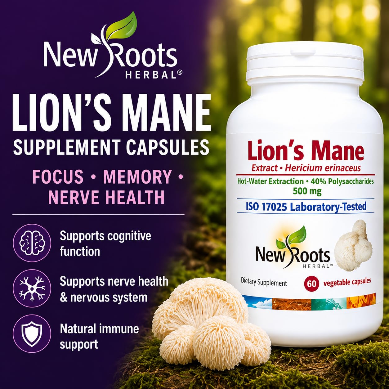NEW ROOTS HERBAL Lions Mane Supplement Capsules, 60 Caps