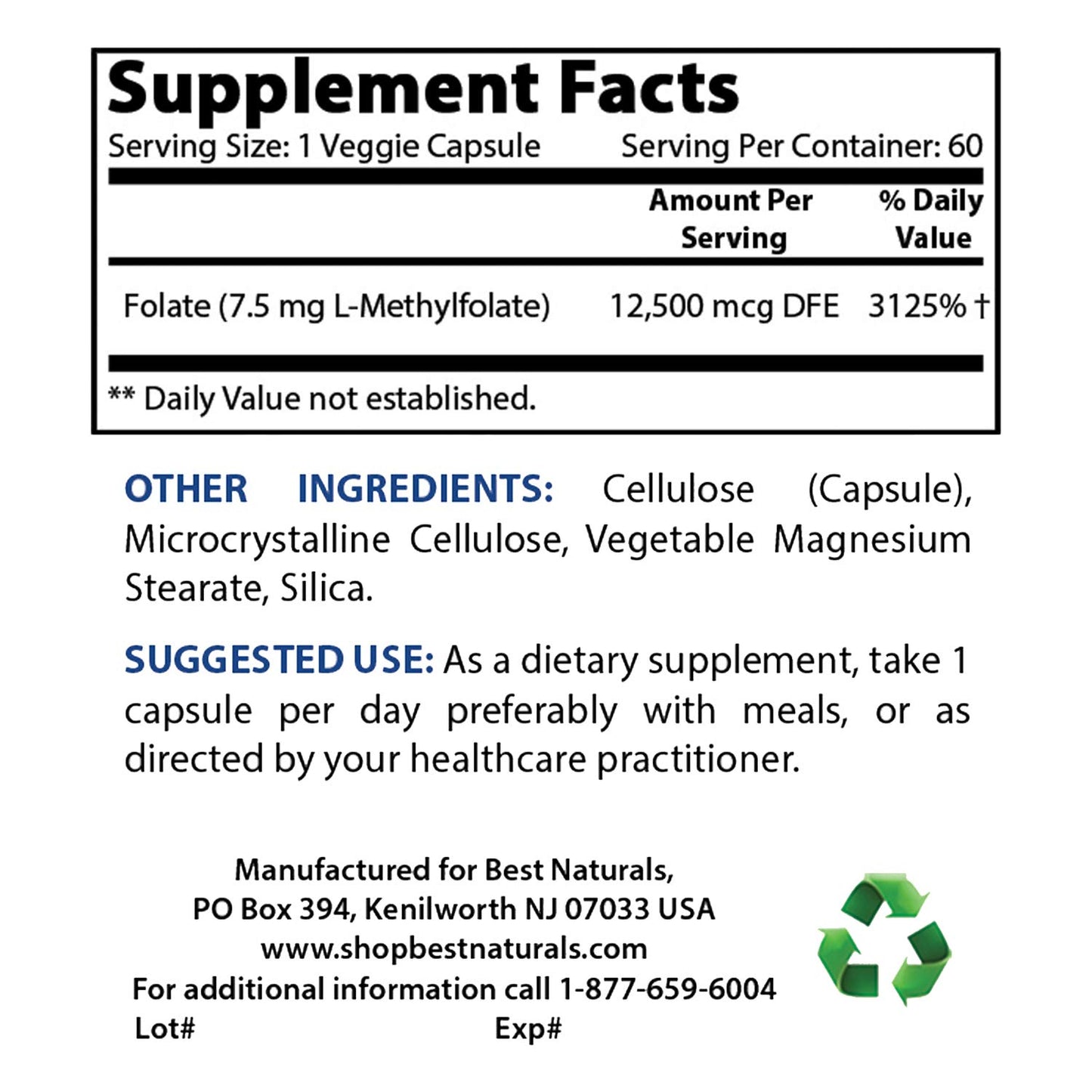 Best Naturals Methyl Folate 7500 mcg (7.5 mg) Veggie Capsule, 60 Count