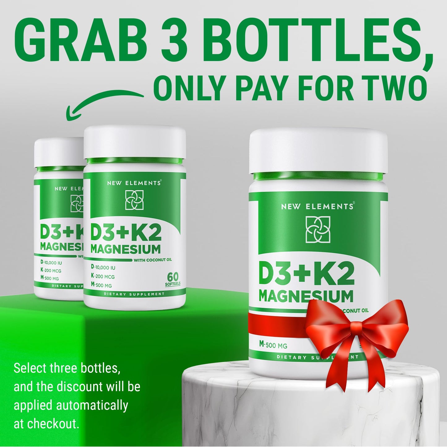 New Elements Vitamin D3 K2 10,000 IU with Magnesium Glycinate 500mg Softgels, 60 Count