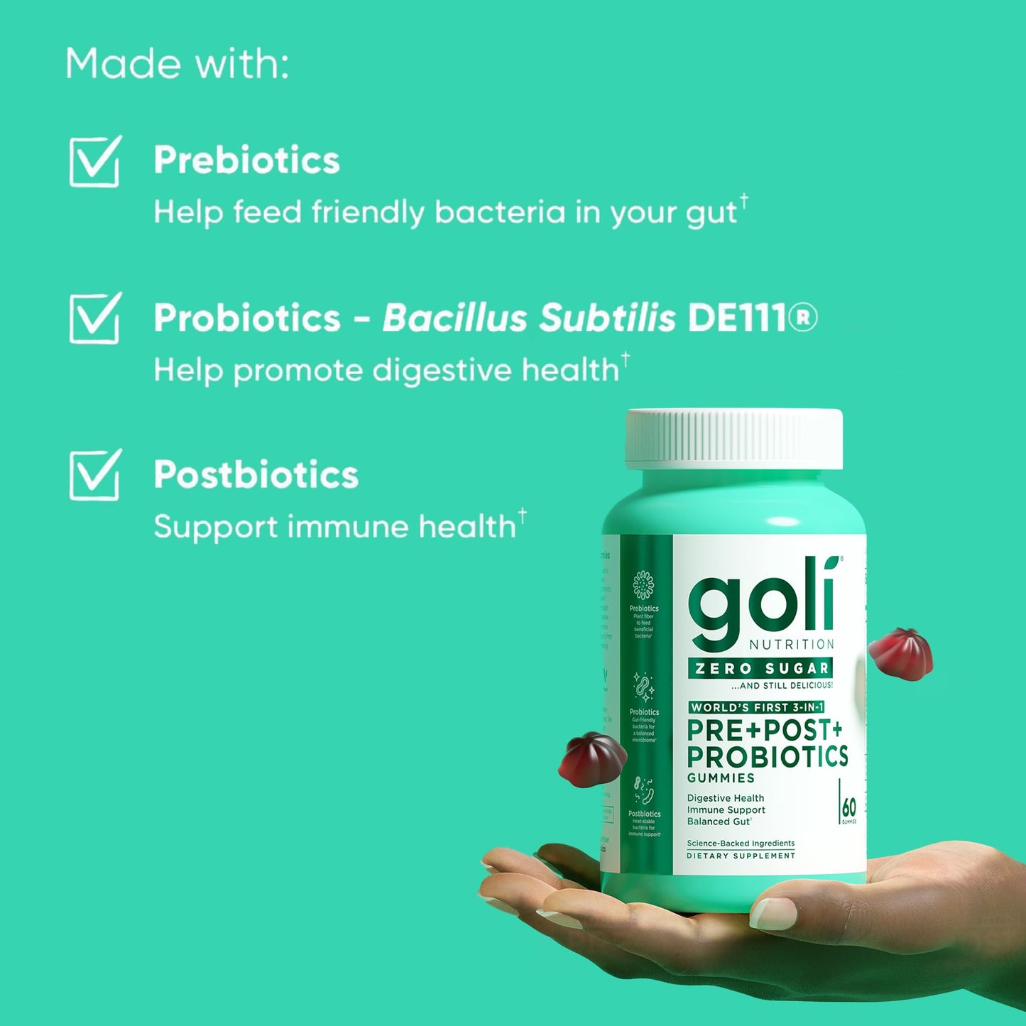Goli Zero Sugar Pre Pro Postbiotic Gummies, 60 Count