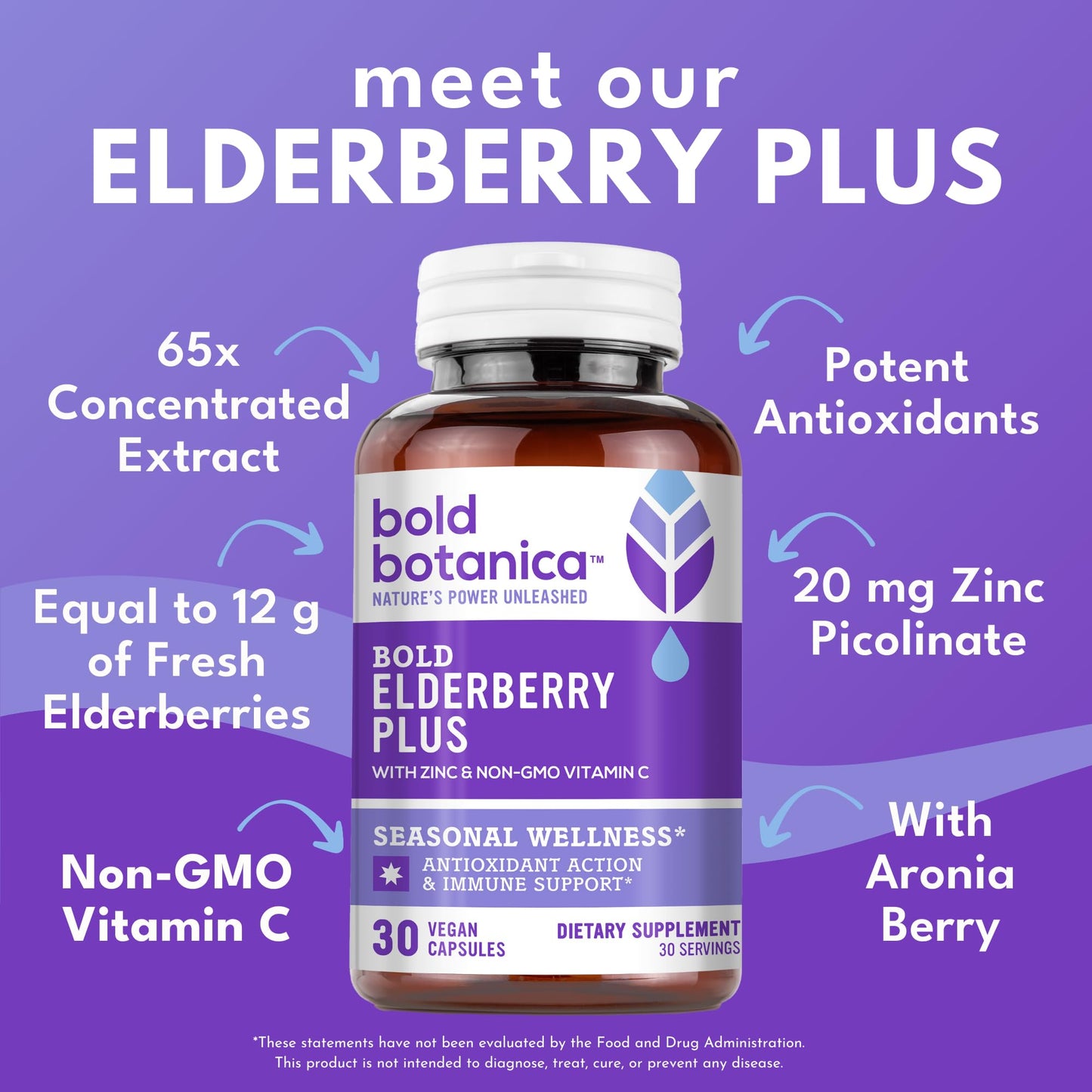 Bold Botanica Elderberry Plus 65x Concentrated Black Elderberry with Vitamin C & Zinc for Adults, Non-GMO, 30 Vegan Capsules