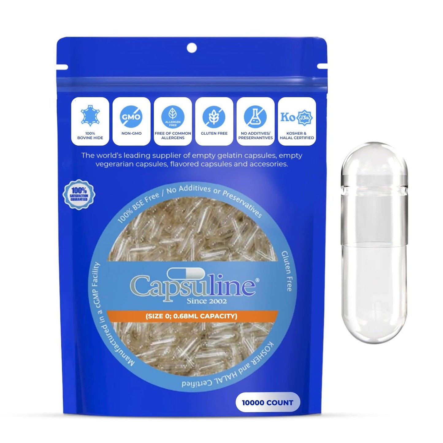 Capsuline Size 0 Empty Gelatin Capsules, Clear, 10,000 Capsules