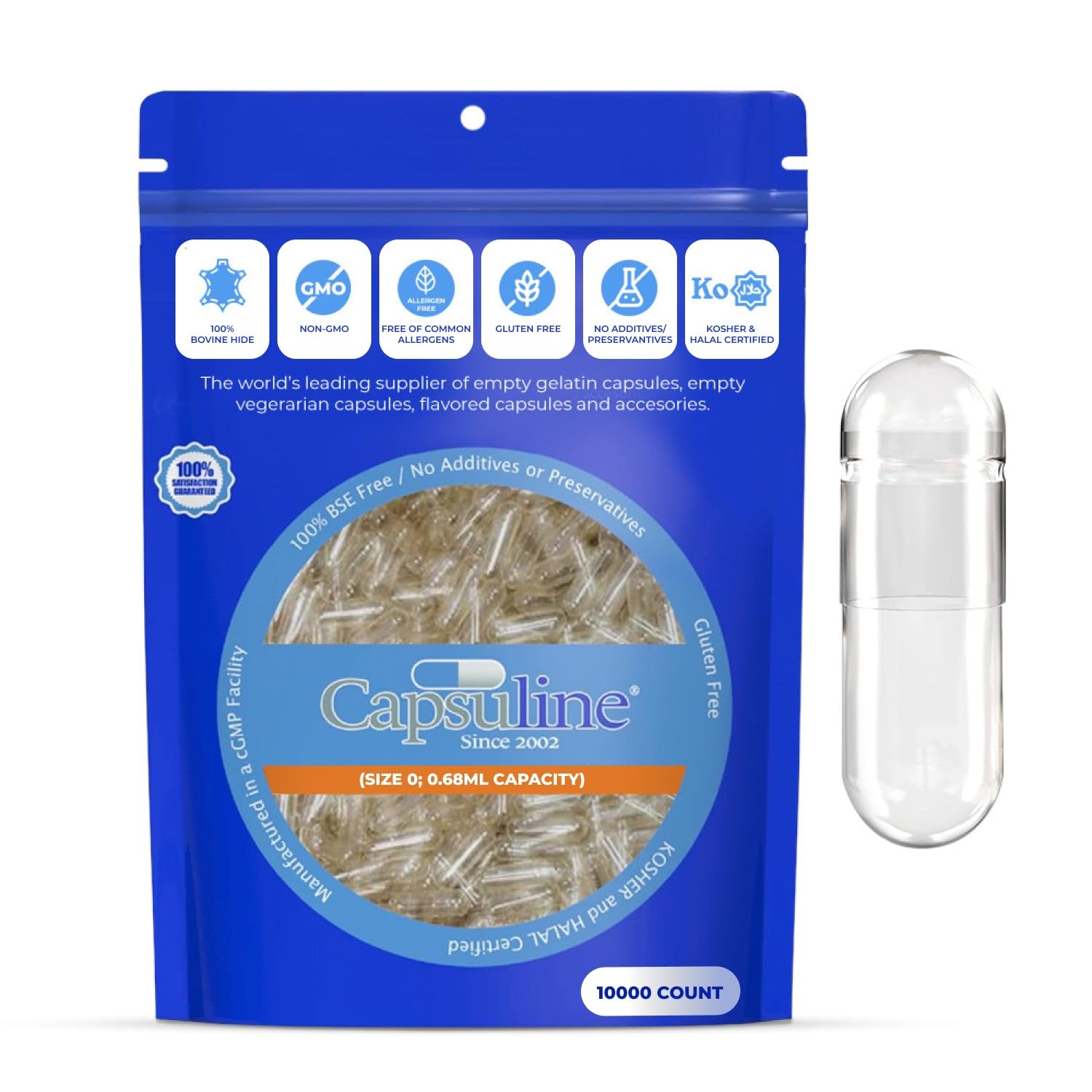 Capsuline Size 0 Empty Gelatin Capsules, Clear, 10,000 Capsules