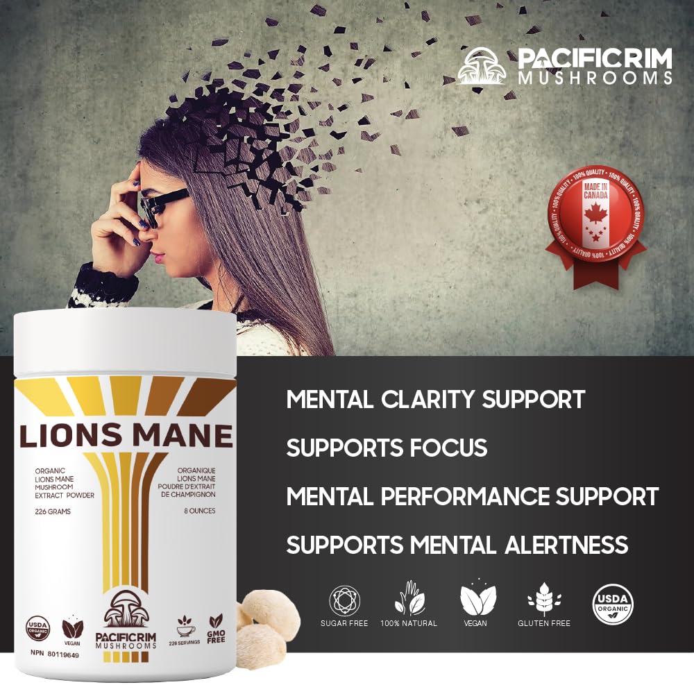 Pacific Rim Mushrooms Organic Lions Mane Mushroom Extract Powder 10:1 – Fruiting Body Mushroom Supplement Powder, 0.28 oz