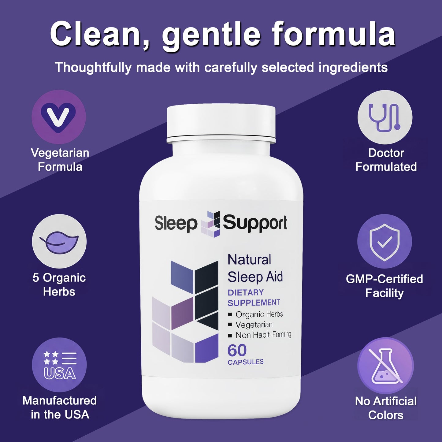 Vitamin Support Sleep Support for Adults with 5 Organic Herbs, L-Theanine, L-Tryptophan, Glycine, Magnesium & Melatonin Capsules, 60