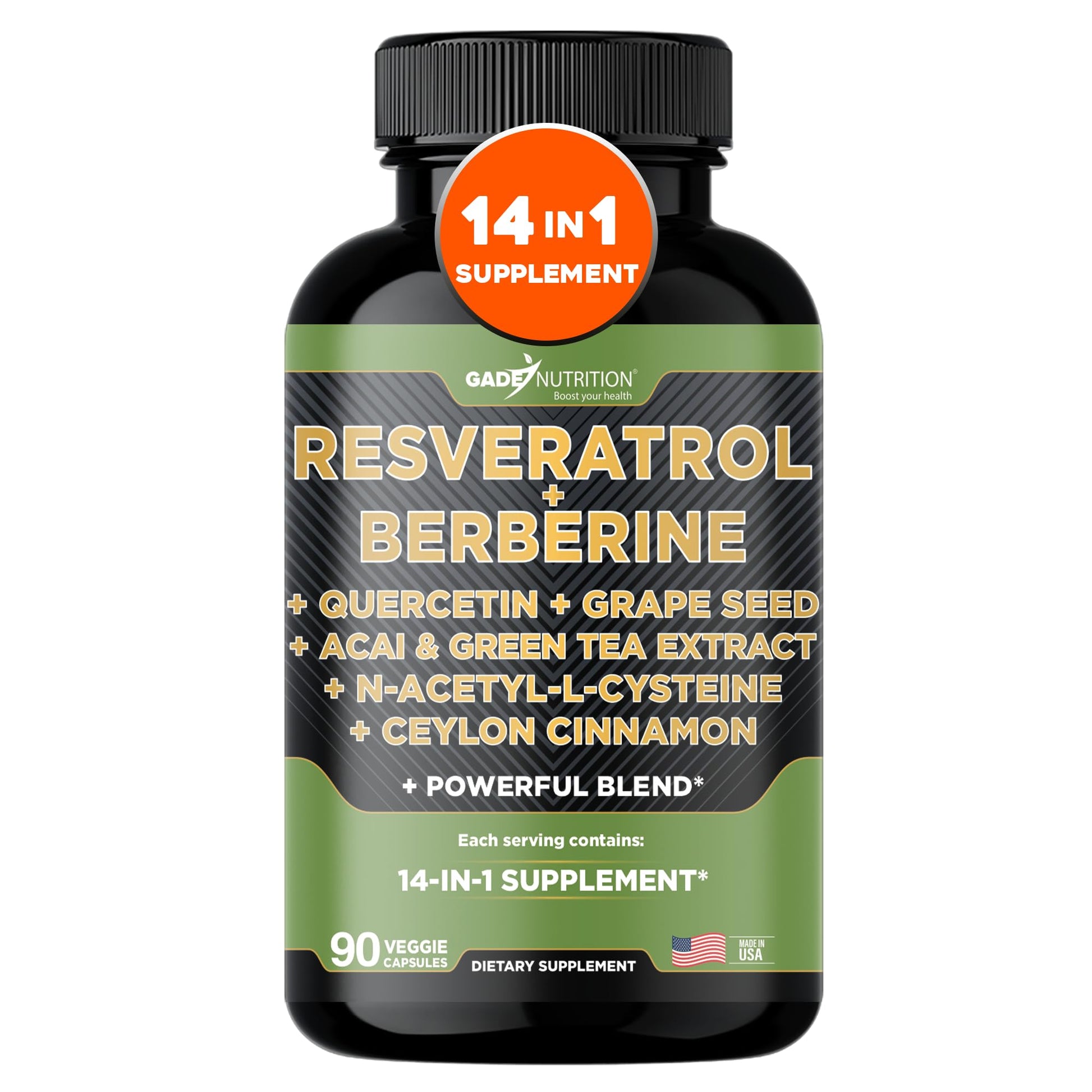 GADE NUTRITION BOOST YOUR HEALTH Resveratrol Berberine Quercetin Grape Seed Extract Green Tea Extract N-Acetyl Cysteine - 14 in 1 Complex Supplement for Women & Men with Potent Antioxidants 90 Capsules