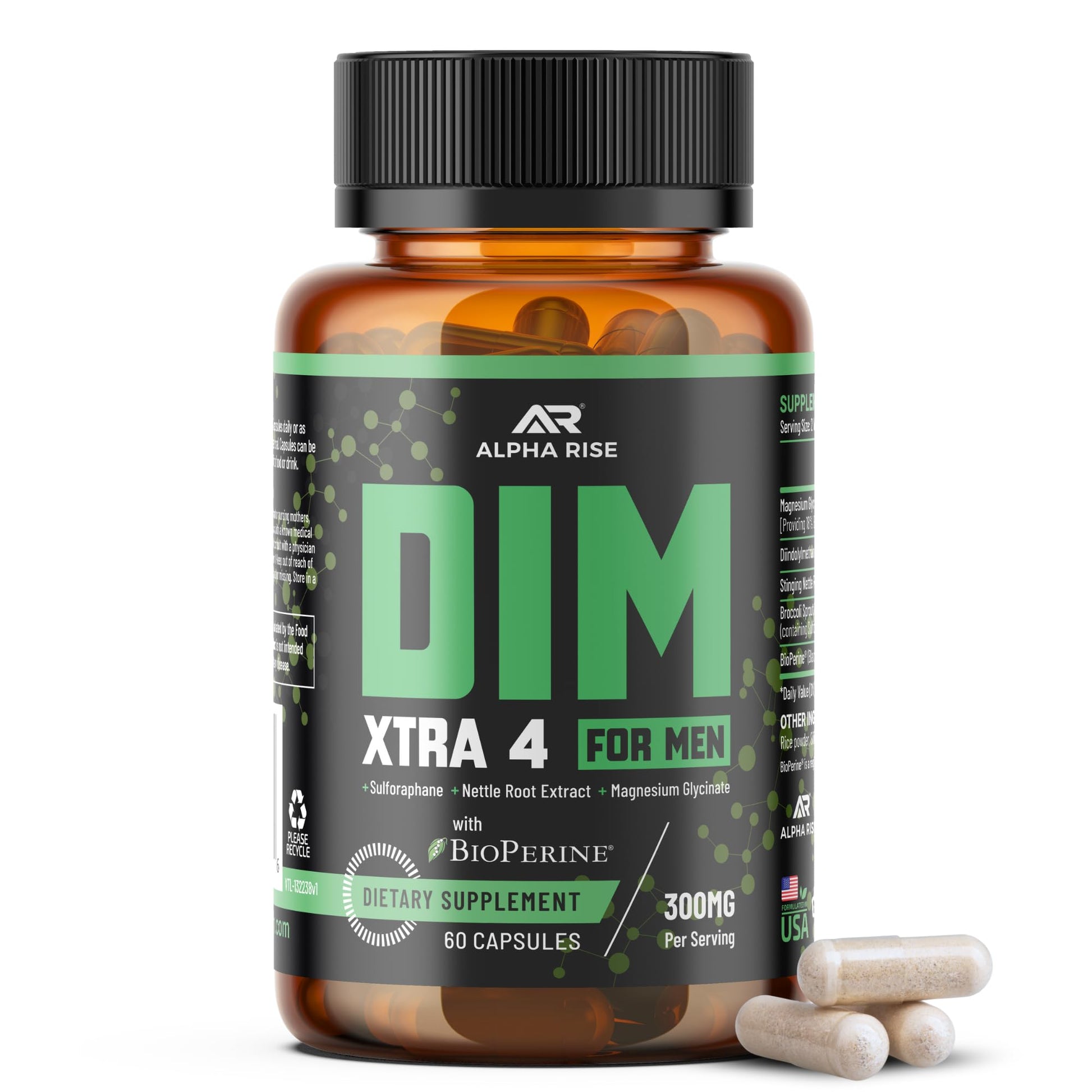 ALPHA RISE DIM XTRA 4 300 mg Estrogen Blocker for Men & Aromatase Inhibitor Testosterone Hormone Restorer & Energy Booster With Magnesium, Nettle and Sulforaphane Broccoli Extract Capsule 60 Count
