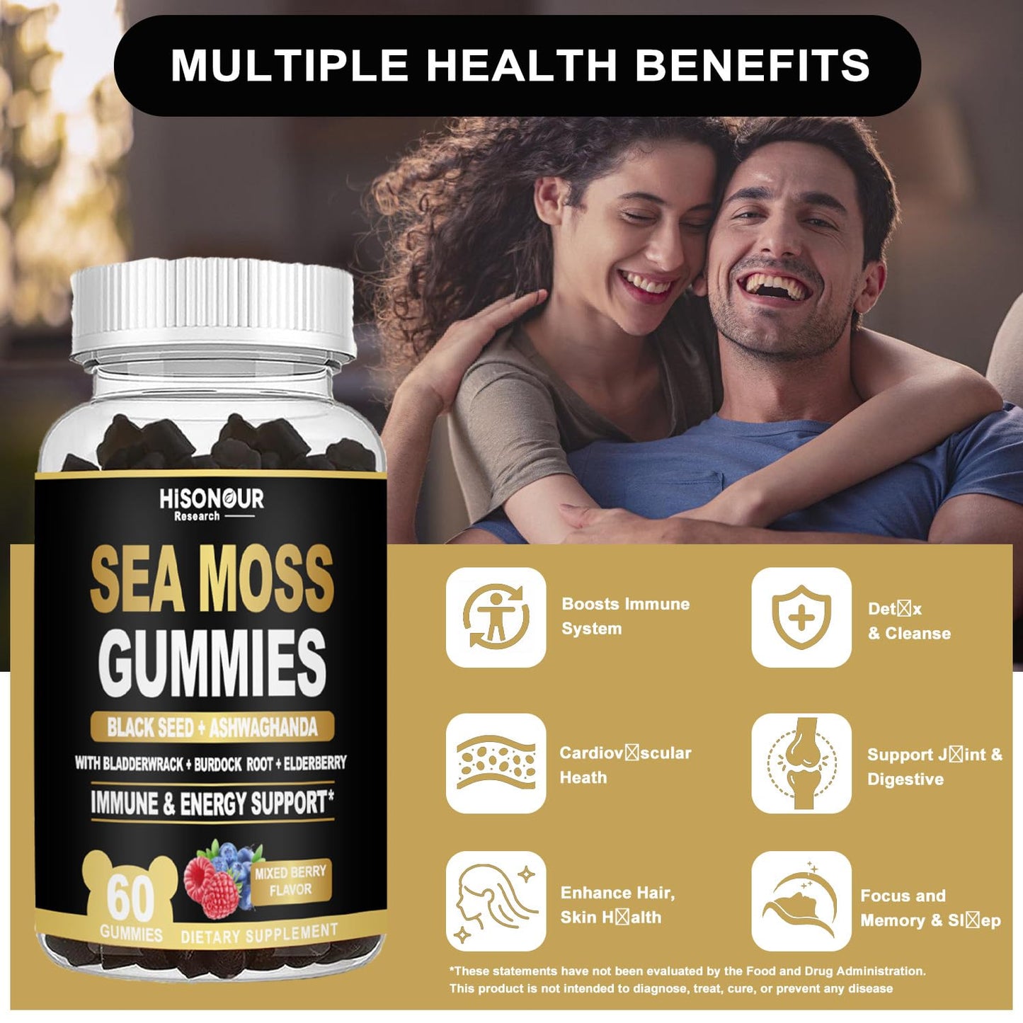 Hisonour Research Sea Moss Gummies with Black Seed Oil, Ashwagandha, Ginger, Irish Sea Moss, Mixed Berry Flavor, Vegan, 60 Gummies