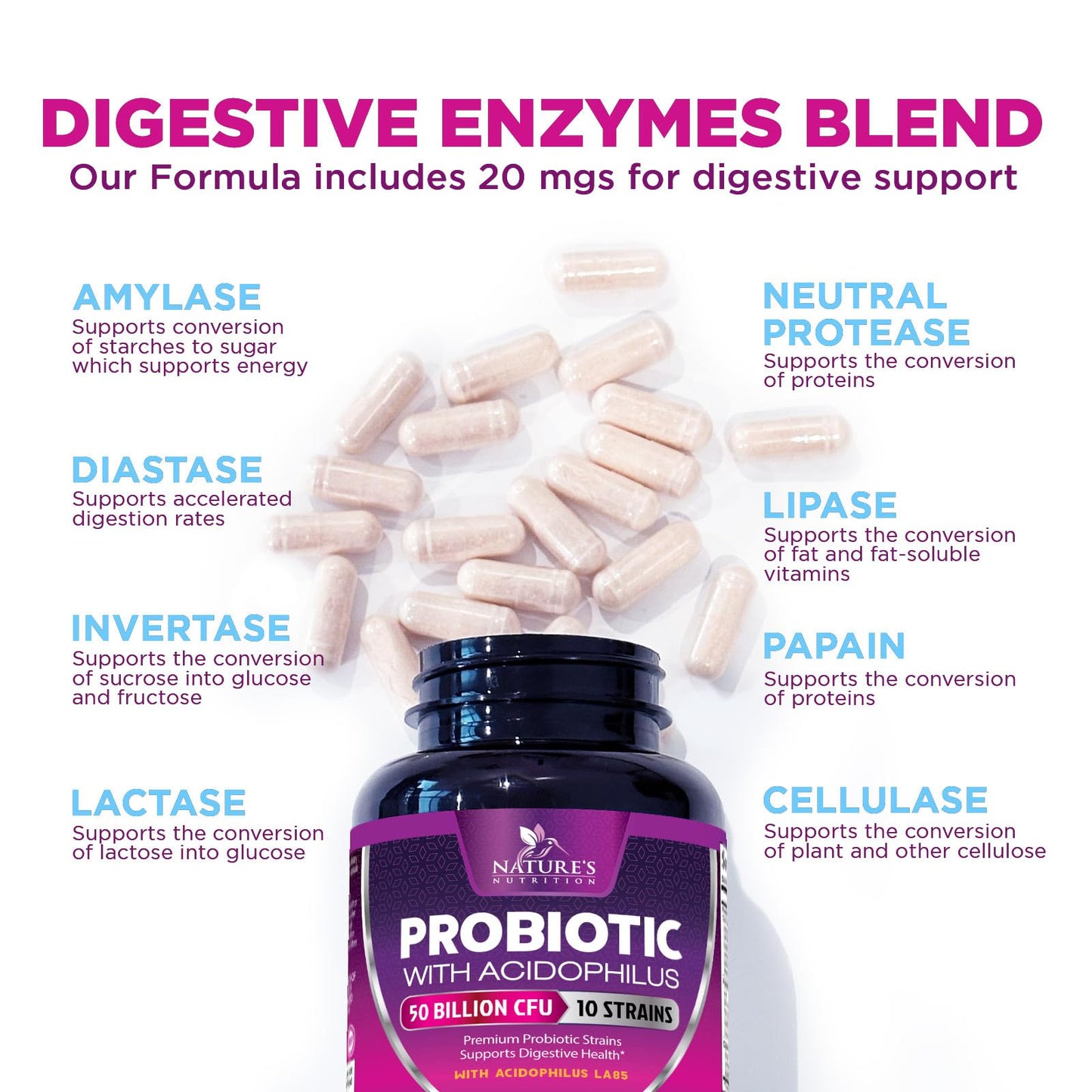 Nature's Nutrition Probiotics for Digestive Gut Health Capsules, 50 Billion CFU, 10 Premium Strains & Prebiotics, 60 Count